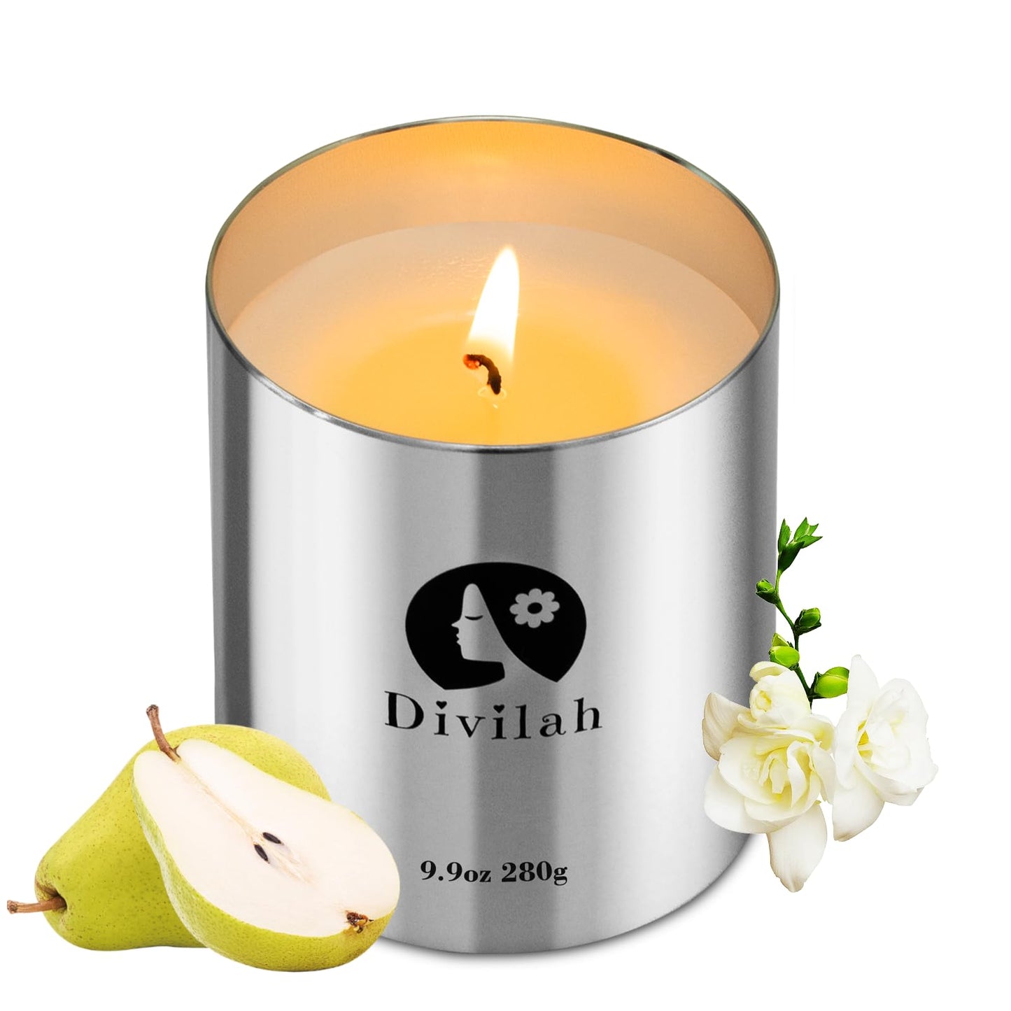 Divilah English Pear&Freesia Scented Candles, 65 Hour Long Lasting Non Toxic Natural Soy Wax in Silver Aluminum Jar, Luxury Large Home Decorative Scented Candle, Aromatherapy Gift for Women, Men,9.9oz