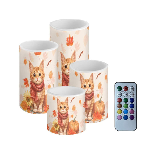 NETILGEN Maple Leaf Cat 4 Packs Flameless LED Pillar Candles with Battery Powered Timer Remote Multicolor Lights Candles for Thanksgiving Day Decor