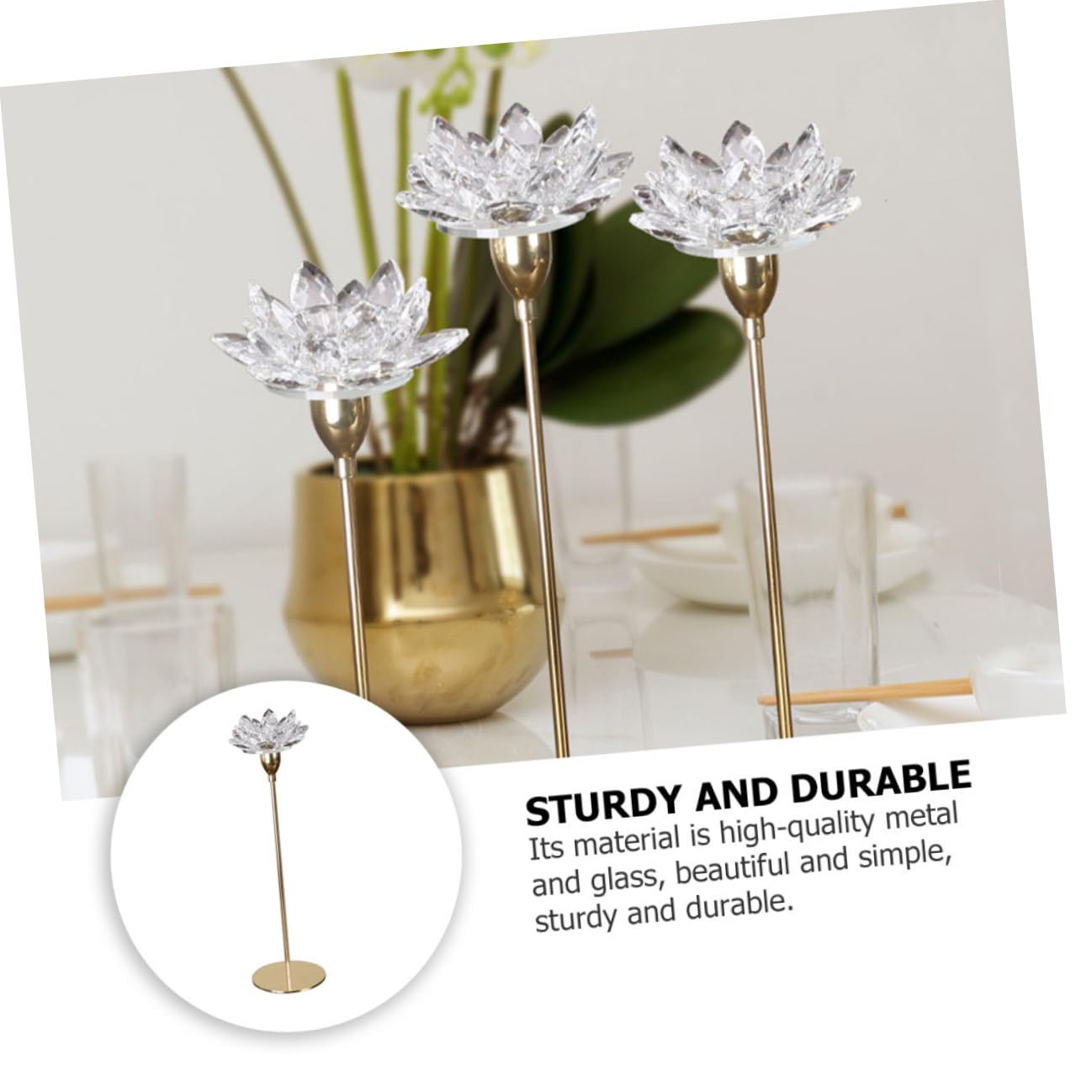 GLEAVI Crystal Lotus Candle Holder Small Metal Candlestick Gold Finish Decorative Candle Stand for Dining Room and Wedding Centerpiece