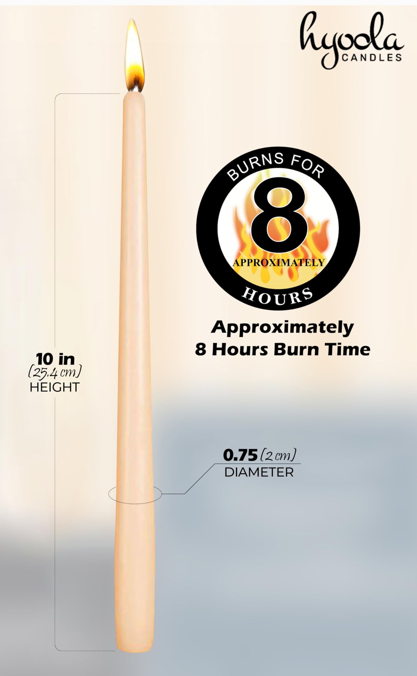 Hyoola Tall Taper Candles - 10 Inch Cream Dripless, Unscented Dinner Candle, Paraffin Wax with Cotton Wicks - 8 Hour Burn Time (Pack of 12)