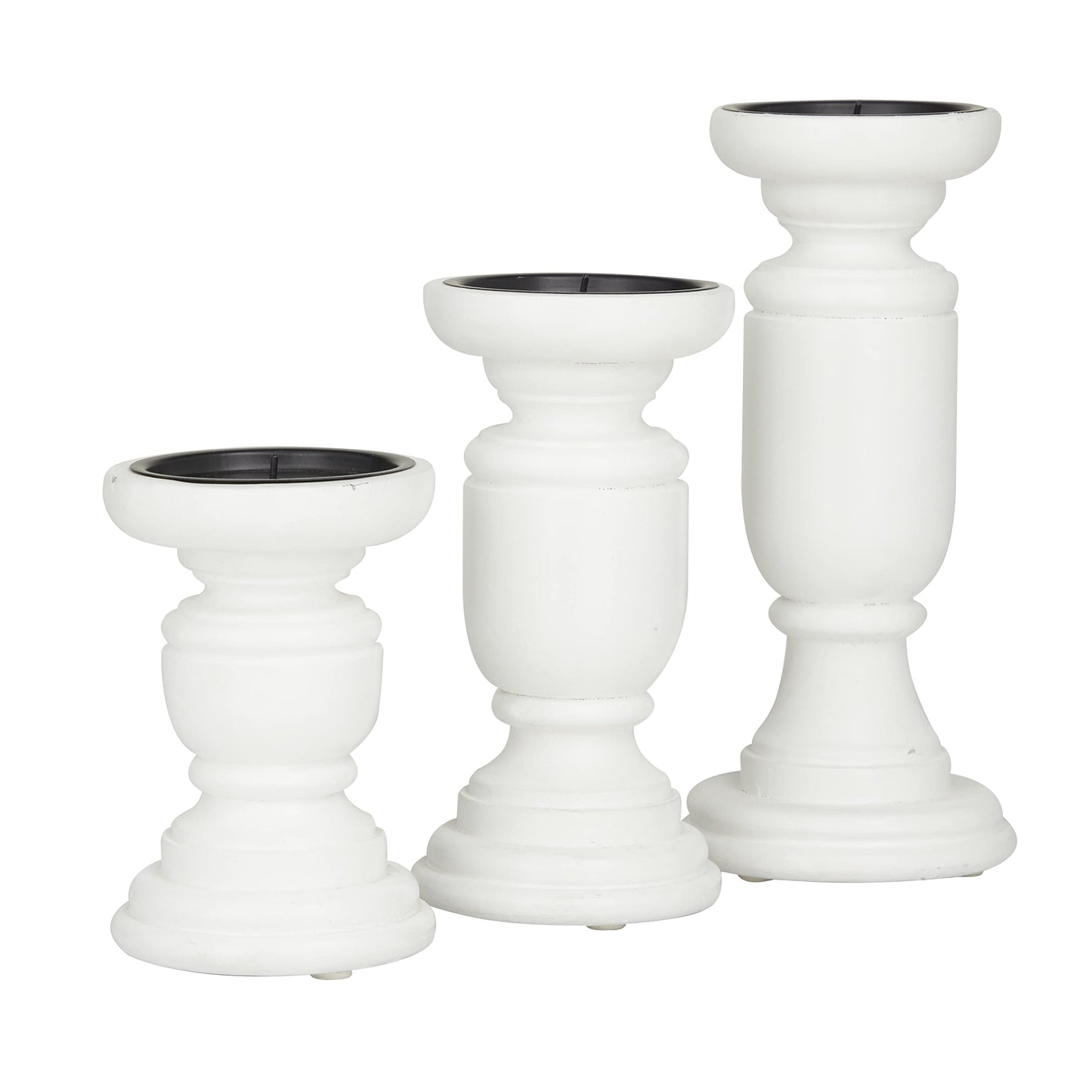 Deco 79 Mango Wood Turned Style Pillar Candle Holder, Set of 3 10", 8", 6"H, White