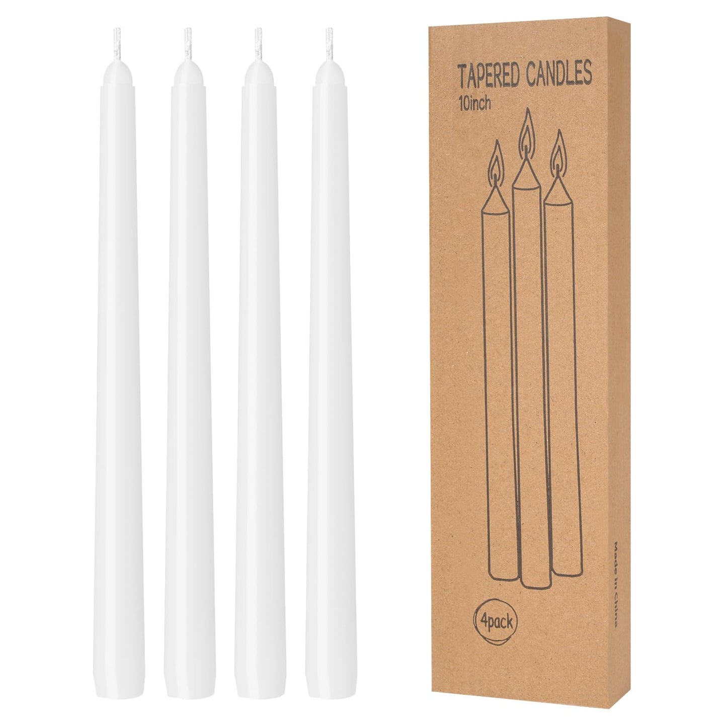 4 Pack White Taper Candles - Taper Candles 10 Inch Dripless, Smokeless & Unscented - 8 Hours Long Burning - Hand Poured Tall Candlesticks - Ideal for Weddings, Dinner Parties, and Home Decor