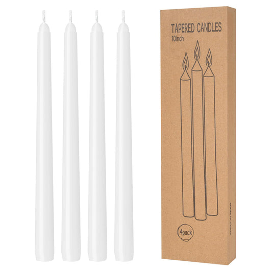 4 Pack White Taper Candles - Taper Candles 10 Inch Dripless, Smokeless & Unscented - 8 Hours Long Burning - Hand Poured Tall Candlesticks - Ideal for Weddings, Dinner Parties, and Home Decor