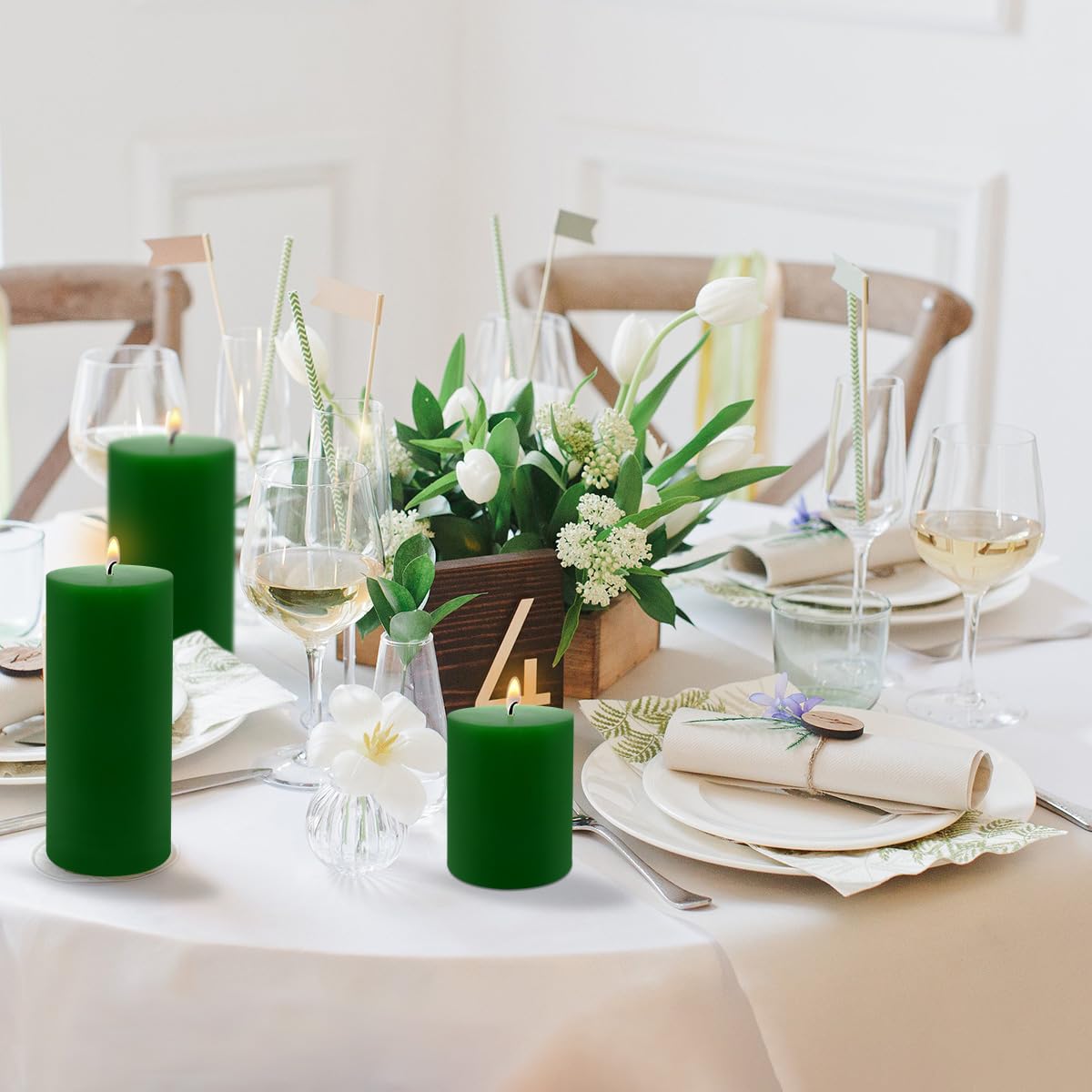 Green Pillar Candles Set of 3 - Dripless Unscented - 3x4, 3x6 & 3x8 inches Decorative Candles for Home Decor & Table Centerpieces