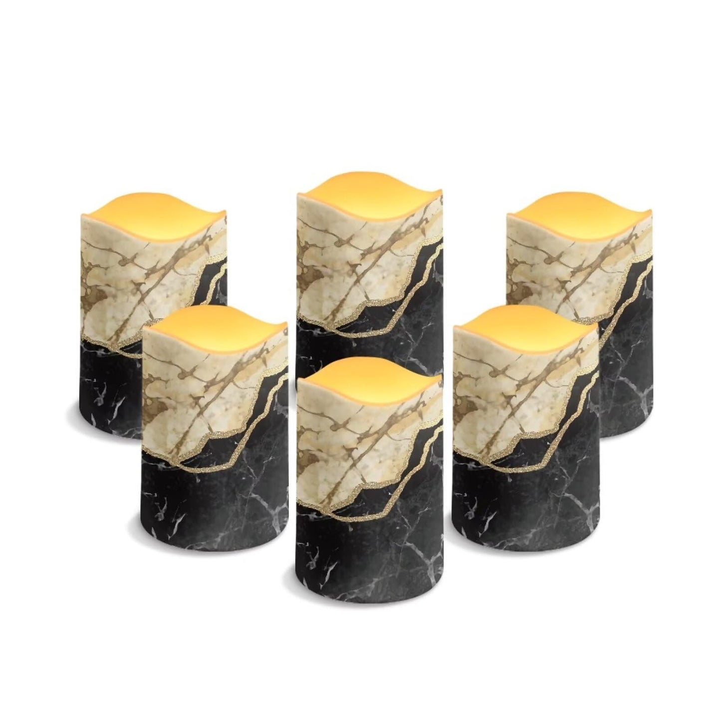 HUISEFOR Black Marble Flickering Flameless Candles Set of 6 Outdoor Solar Candles Rechargeable Solar Emergency Night Lights with Dusk to Dawn Light Sensor Modern Home Decorations