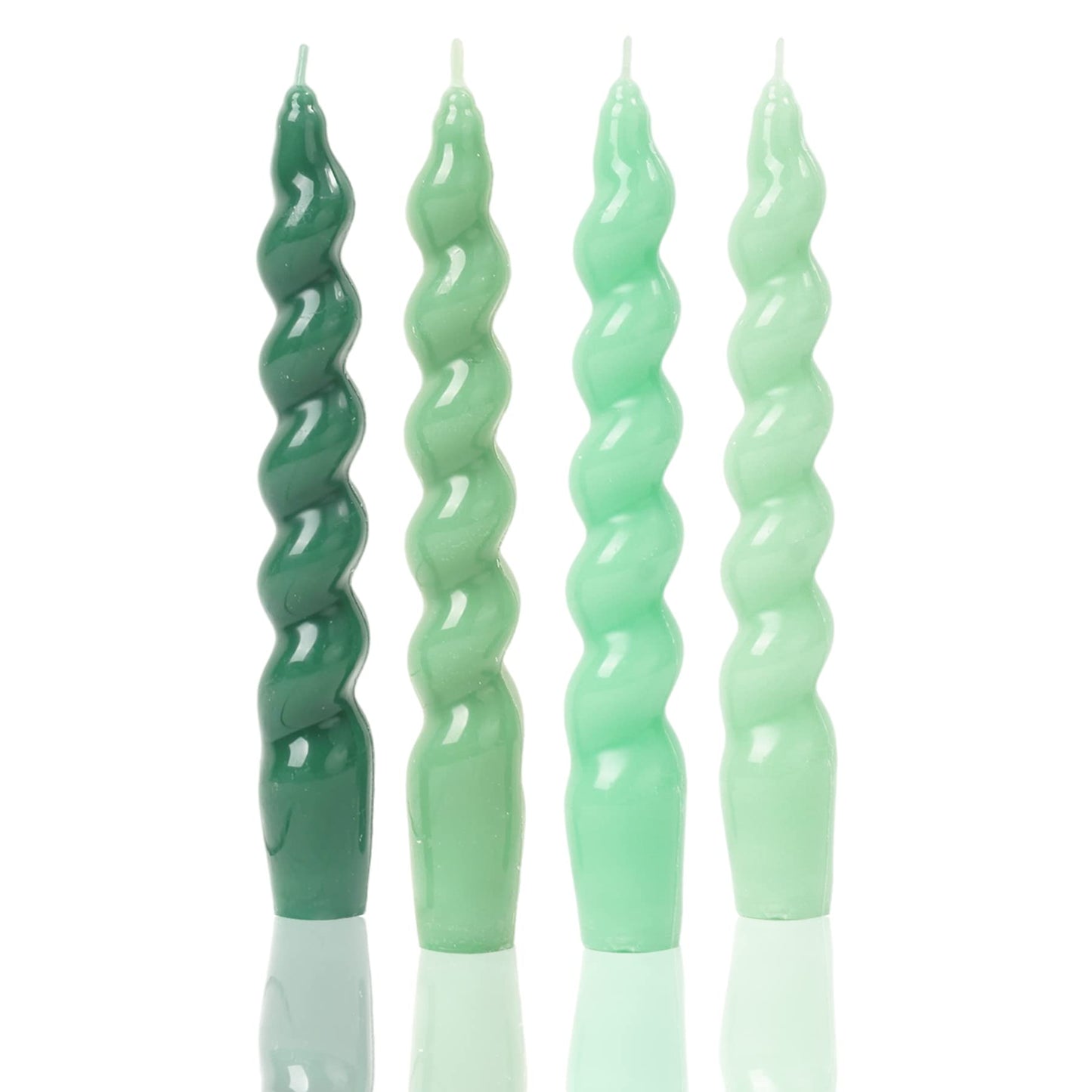 MAITREYA Green Spiral Taper Candles Conical Stick Candles Handmade Twisted Candles-Set of 4 for Decoration Weddings Party Church-Unscented Dripless Candles,7.5inch(A-Gradient Green)