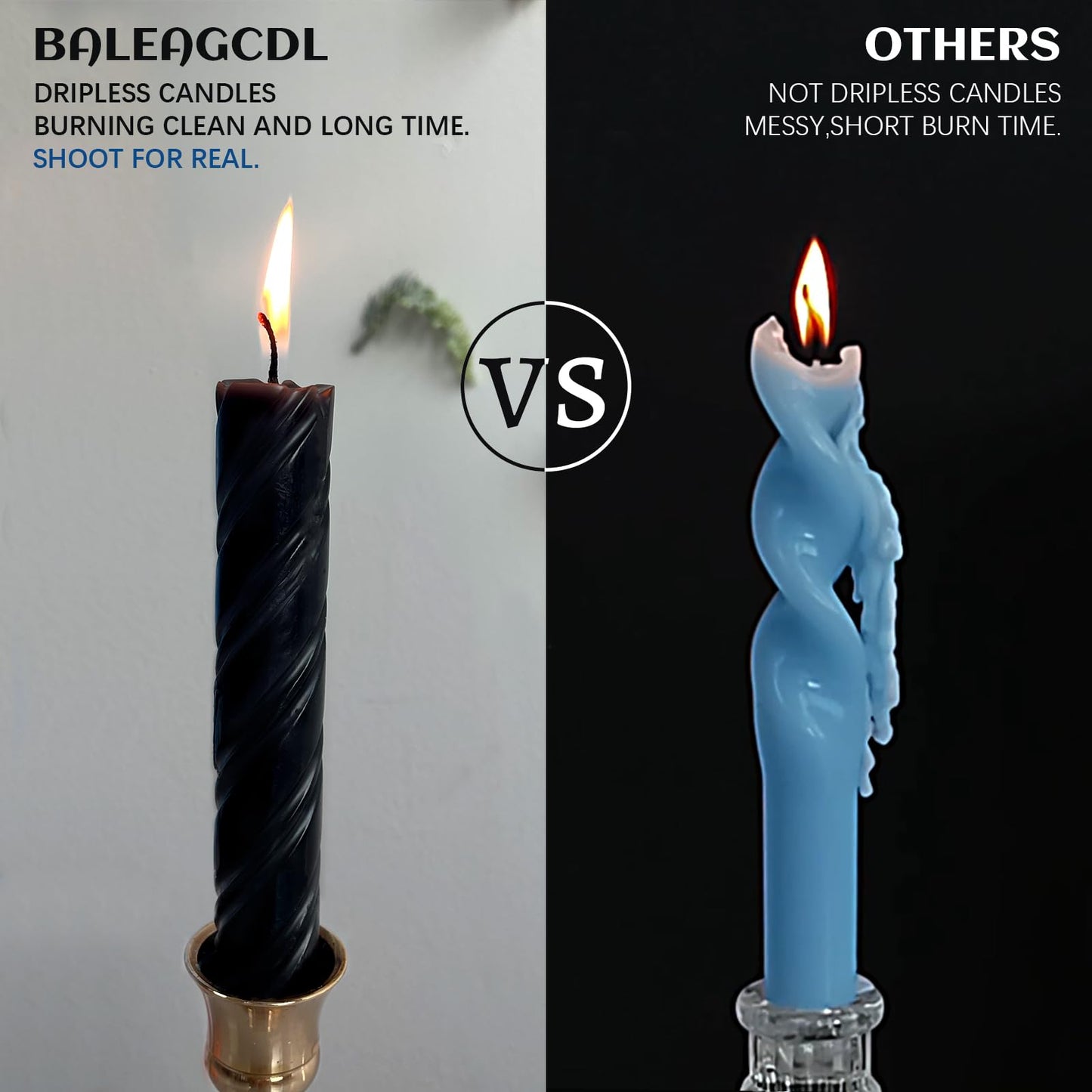 Dripless Twisted Long Taper Candles Black Unscented Ribbed Candle Sticks 10 Inch Smokeless Dinner Candlesticks Long Burning for Party Art Home Decor 6 Pcs
