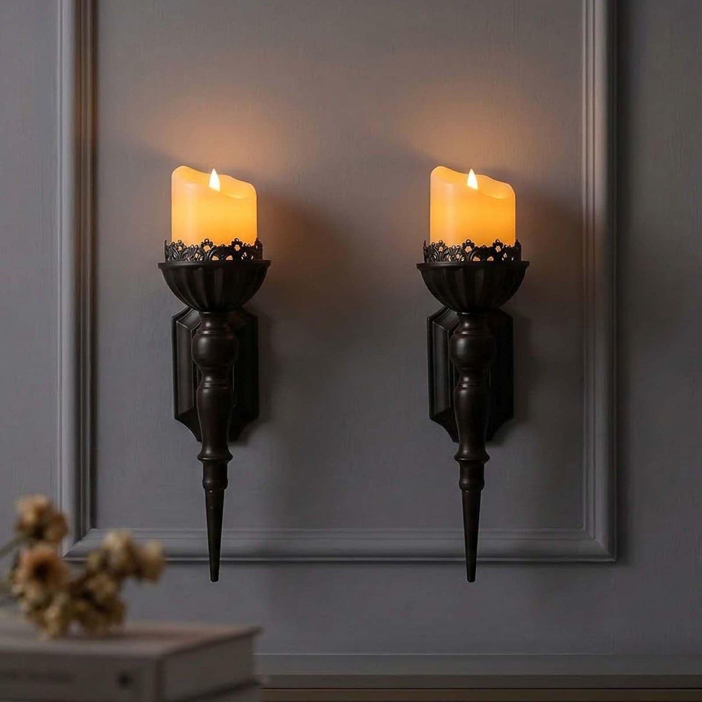Birminwind Gothic Wall Candle Sconces Set of 2 - Black Wall Mounted Candle Holders - Halloween Decor for Indoor Living Room Bathroom