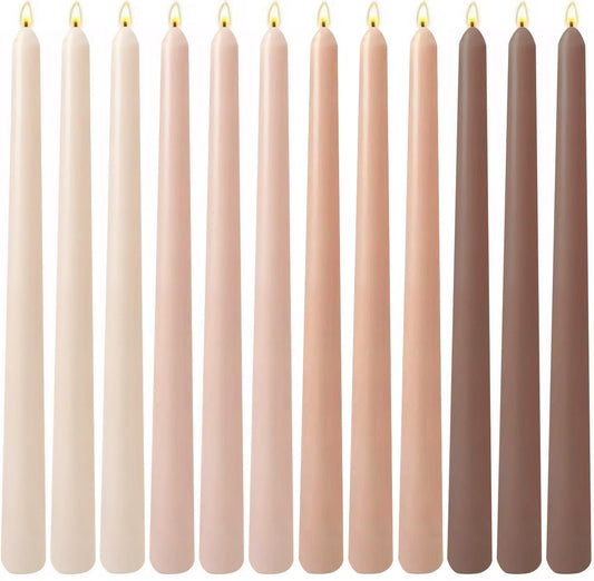 12-Pack Gradient Mocha Taper Candles, 10 Inch Unscented Dripless Candlesticks, Long-Lasting Burn Time of 7-8 Hours, Perfect for Dinners Parties and Home Décor