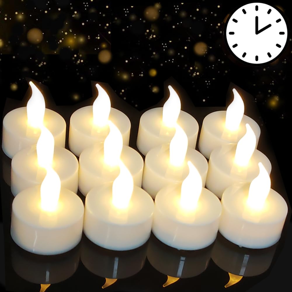 HONGJINGCHEN Battery Tea Lights with Timer, 6 Hours on and 18 Hours Off in 24 Hours Cycle Automatically,12 Pack Flickering Flameless LED Tea Lights Candles Timer for Home Decorations(Warm White)