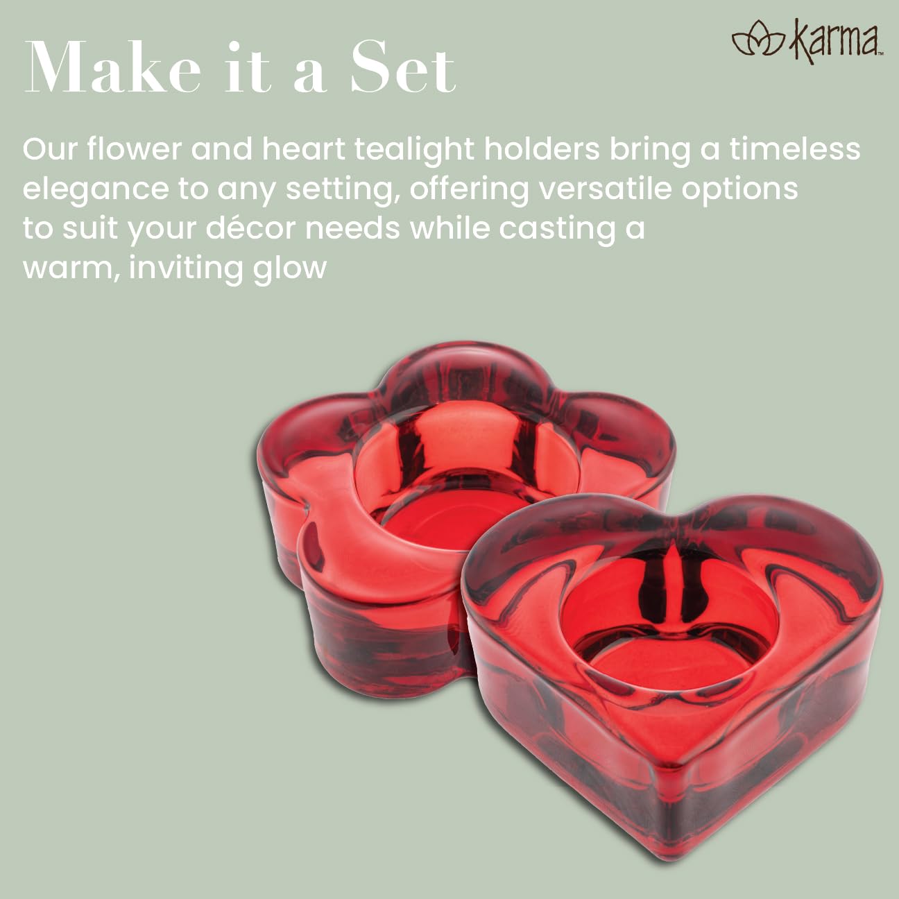 Karma, Glass Heart Tealight Holder, Chunky Glass Candle Holder Votive for Home and Party Decor, Wedding Table Centerpiece, Red