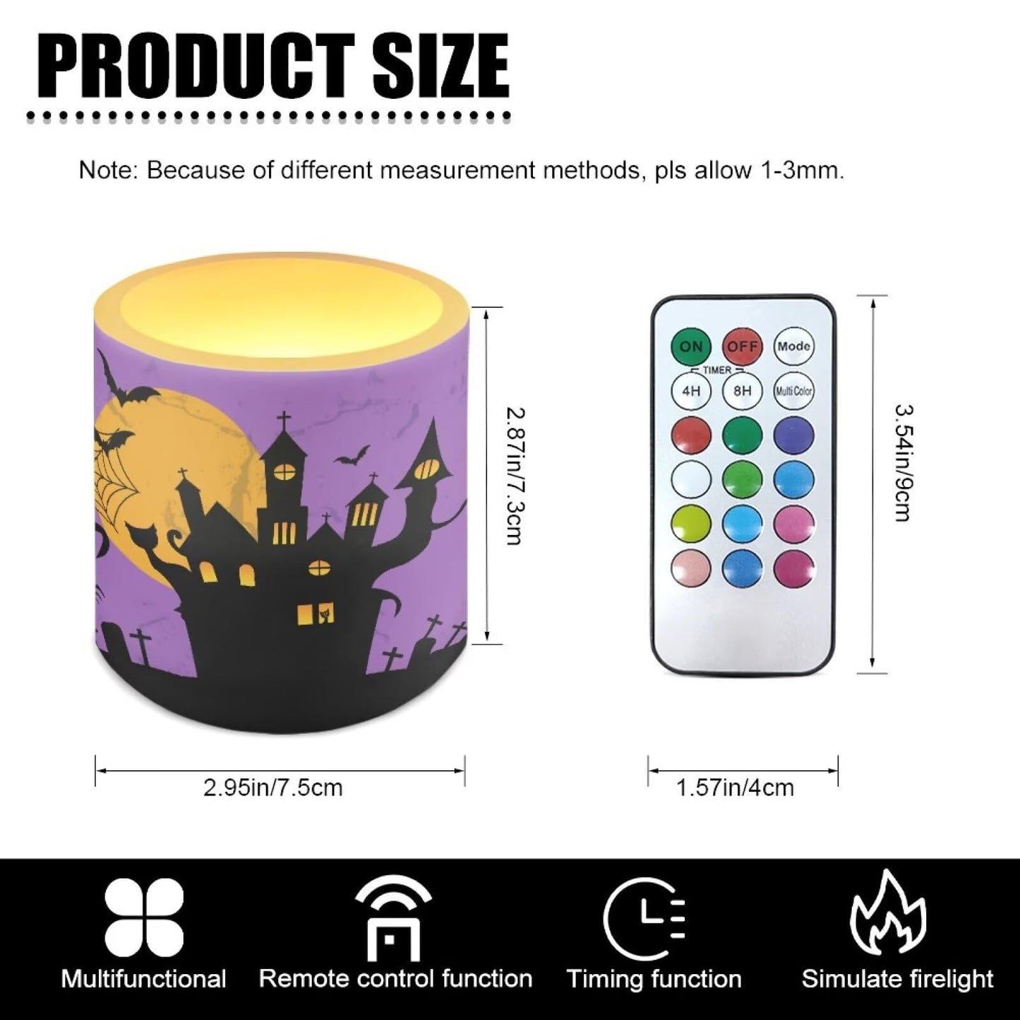 Merkmak Halloween Flickering Flameless Candles with Timer Bat Haunted House Witch Print LED Pillar Candles with Remote Battery Tea Lights for Indoor Outdoor Home Party Decorations