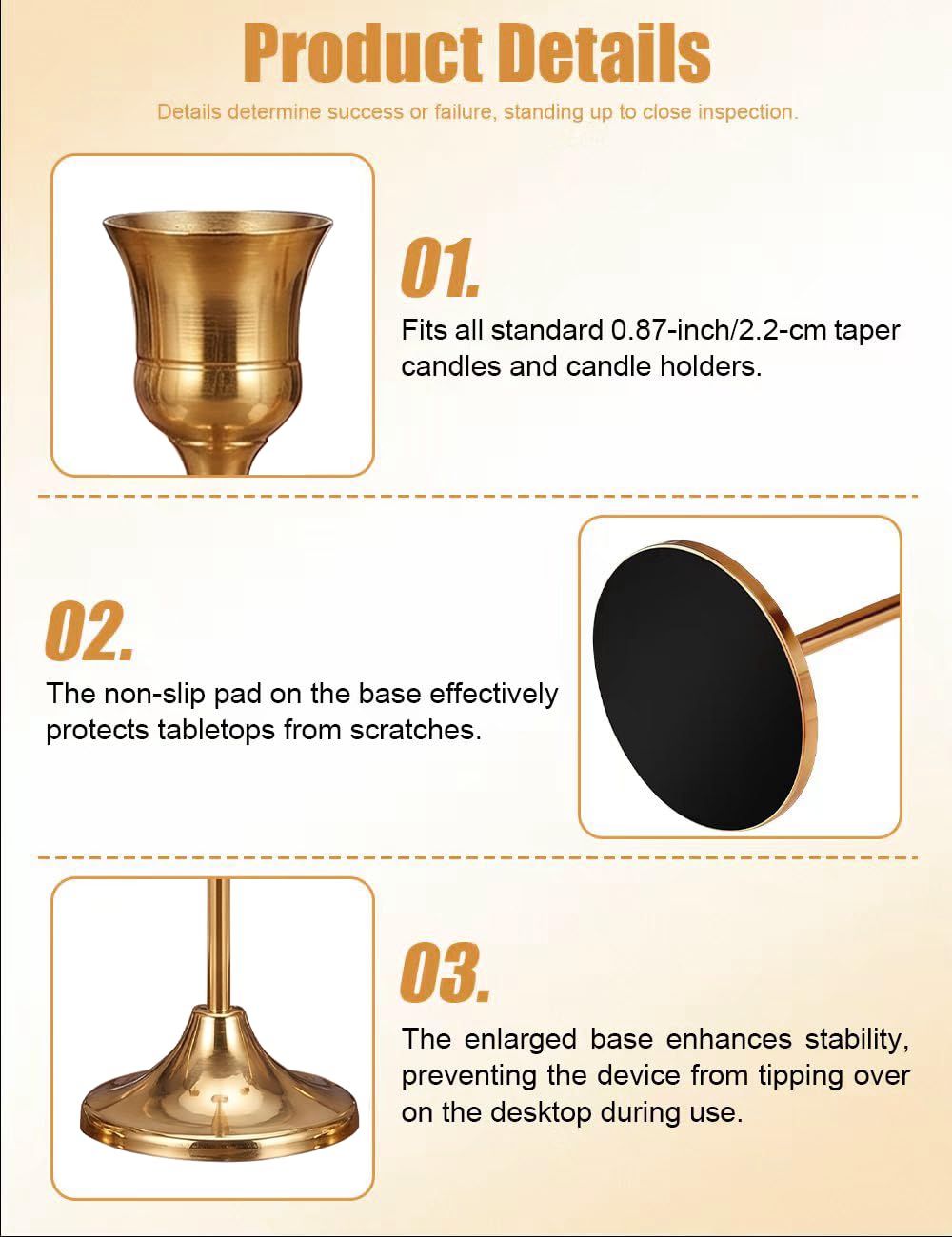 Oakernel Brass Taper Candle Holders 4 Sets(12 Pcs) - Tall Metal Candlestick Holders for Table Centerpiece, Formal Dinner, Wedding, Fireplace Mantel Decor, Fits 3/4 Inch Thick Candles