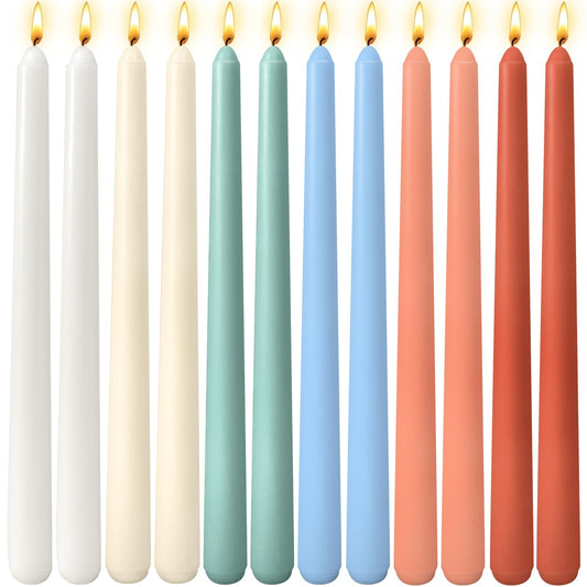 12 Pack 10 inch Assorted Color Taper Candle Set for Holiday Dinner Party, Unscented Long Candlesticks, Dripless and Smokeless, 7-8 Hours Burn