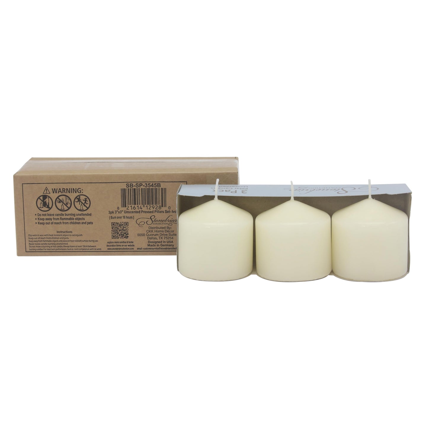 Stonebriar Unscented Pillar Candles – 18 Hour Burn Time, Long-Lasting Wax Candles for Weddings, Holidays, Home Décor & Special Events, Pack of 3, Ivory, 3" x 3"