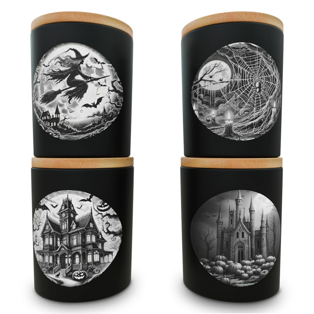 NATIKON 9oz Black Glass Candle Jars with Airtight Lids - Pack of 4 with Haunted House, Castle & Witch Designs for Candle Making & Storage (4)