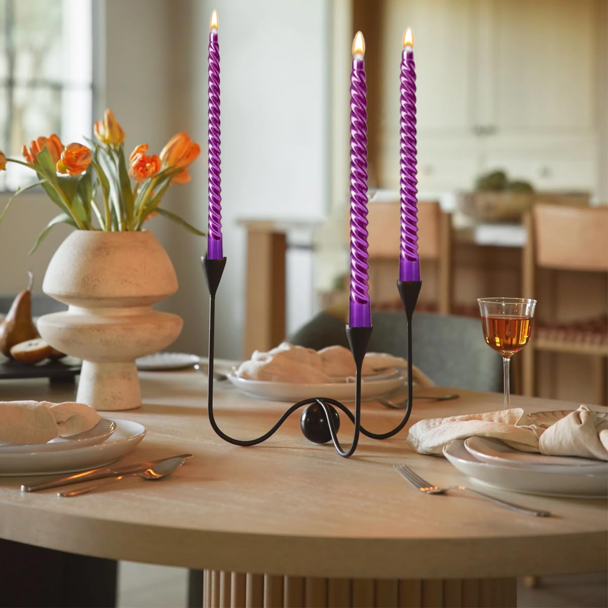 10 Inch Purple Spiral Taper Candles Set for Dinner, 12 PackUnscented Dripelss Candlesticks for Home Holiday Party Decoration