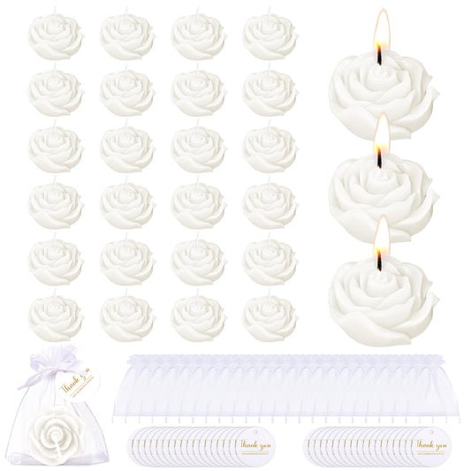 Treela 24 Set Flower Candles Wedding Favor for Guests Mini White Rose Shaped Tealight Candles for Return Gift Wedding Birthday Bridal Shower Housewarming Party