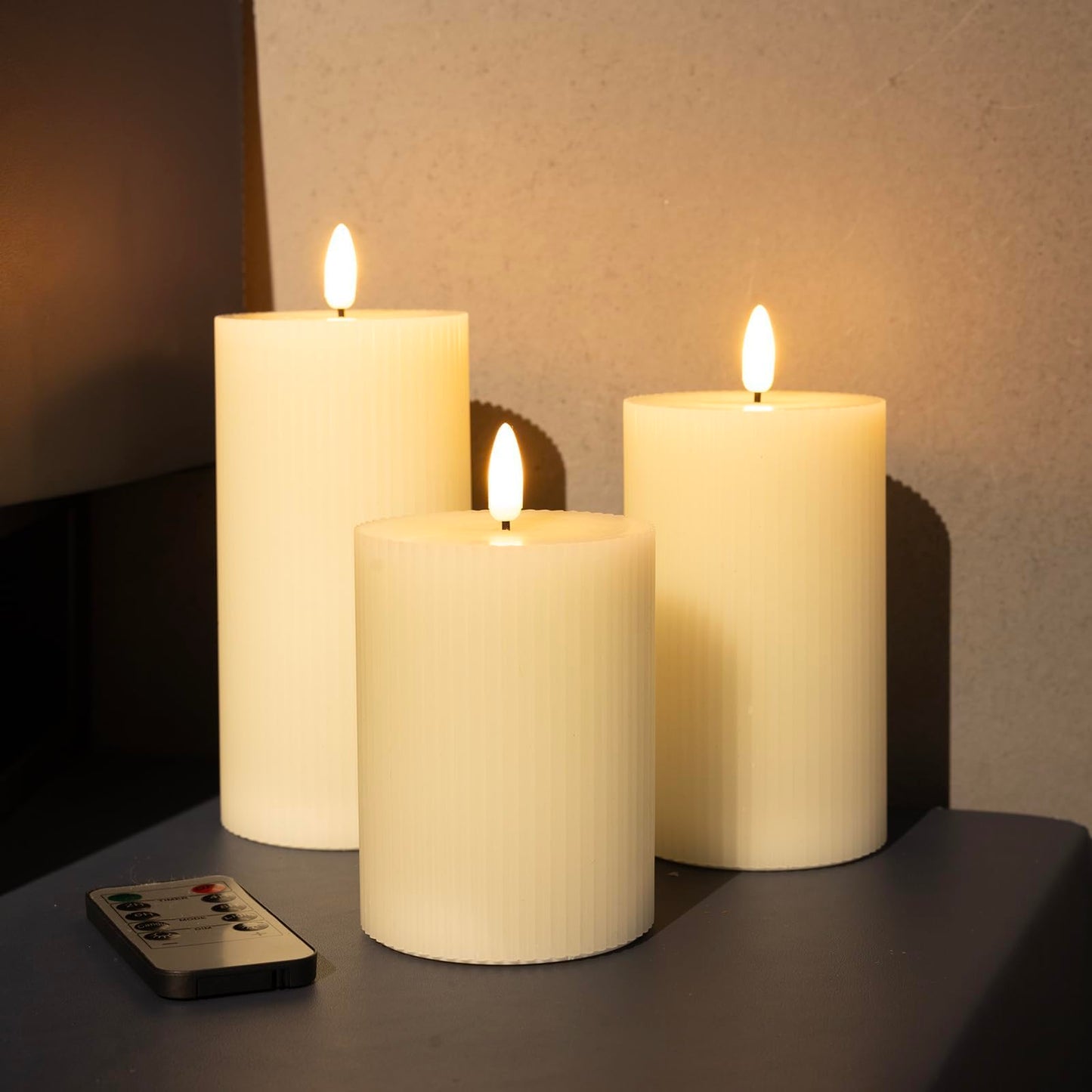 ANGELLOONG Ribbed Flameless Pillar Candles with Remote, Set of 3 Ivory Real Wax LED Candles Battery Operated with 2/4/6/8H Timer for Home Decor, Bathroom, Living Room