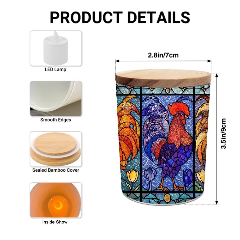 Stained Glass Roosters Tea Light Candle Holders, Country Chicken Tealight Candle Holder Jar with Wooden Lid, Farm Style Votive Candlesticks for Table Centerpieces,Christmas,Birthday Party