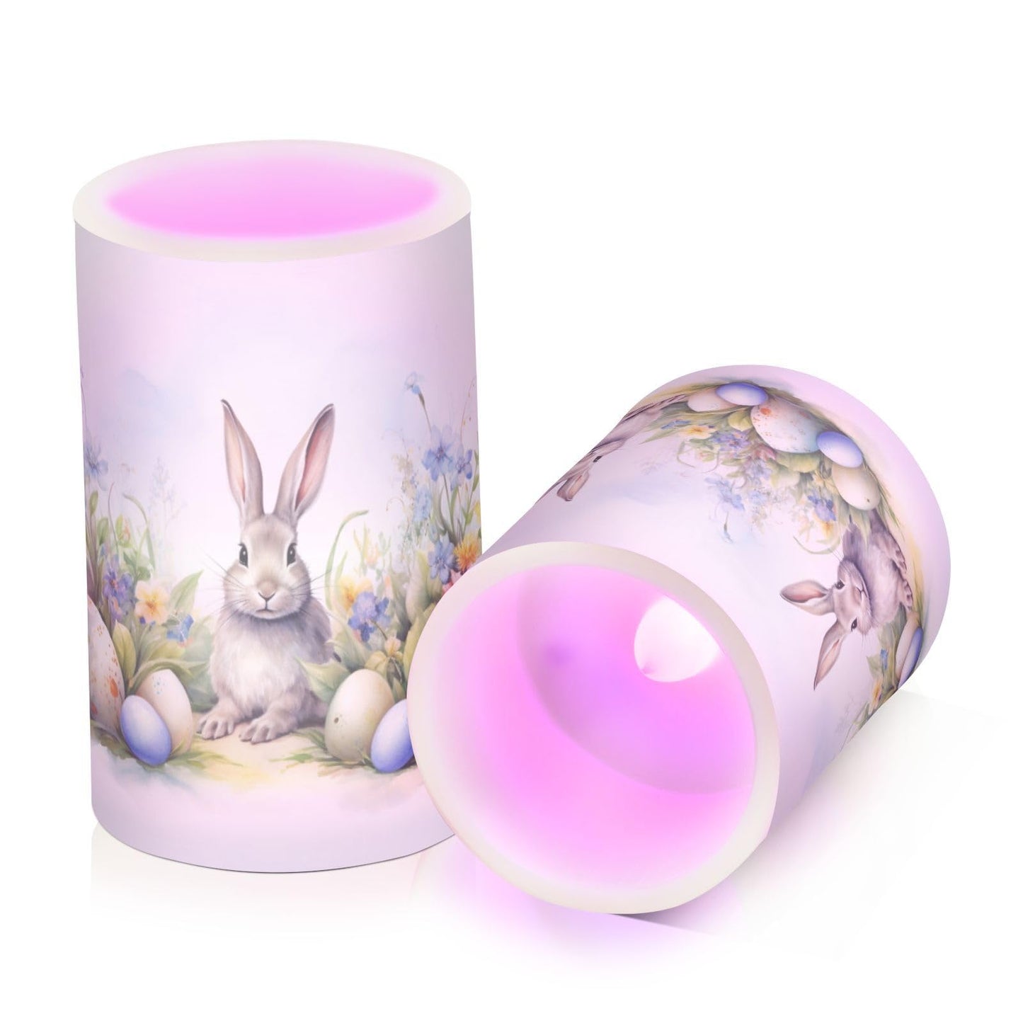zyrtty 2 Pack Plastic Flameless Candles Easter Rabbit Colorful Eggs Bunny Watercolor Flower Battery Operated with Remote and Timer Real Wax LED Flickering Pillar Candles Set Window Christmas Holiday D