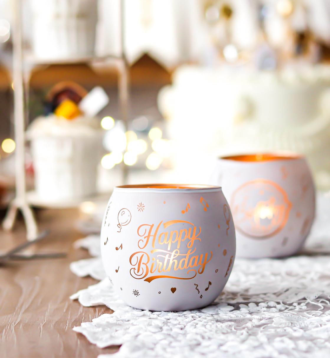 Happy Birthday Decorations White Glass Tealight Votive Candle Holders Set of 4, Birthday Gift Decor with Balloon Carvings, Birthday Party Centerpieces Table
