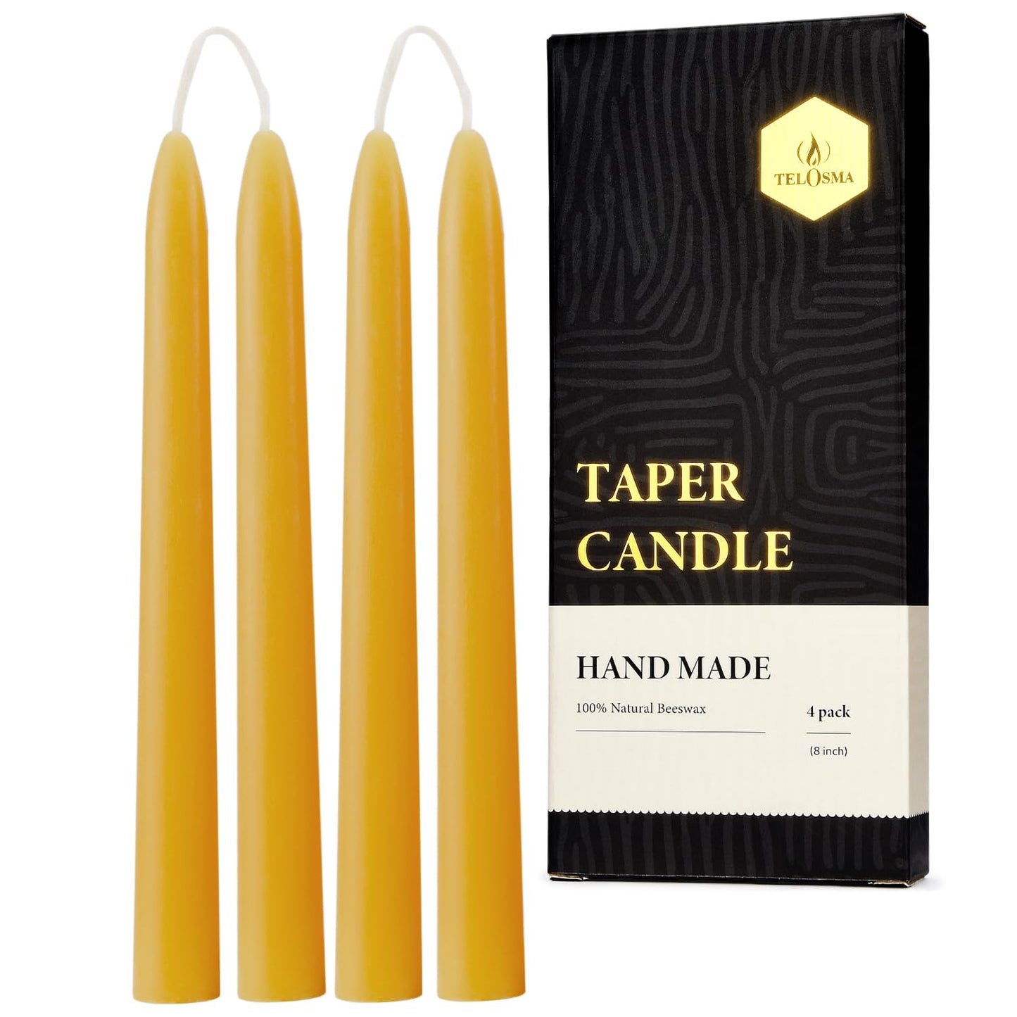 8 inch Beeswax Taper Candles 4 Pack - All Natural, 100% Pure Unscented Bee Wax Candle, Dripless, 5 Hours Burnning Time -Yellow