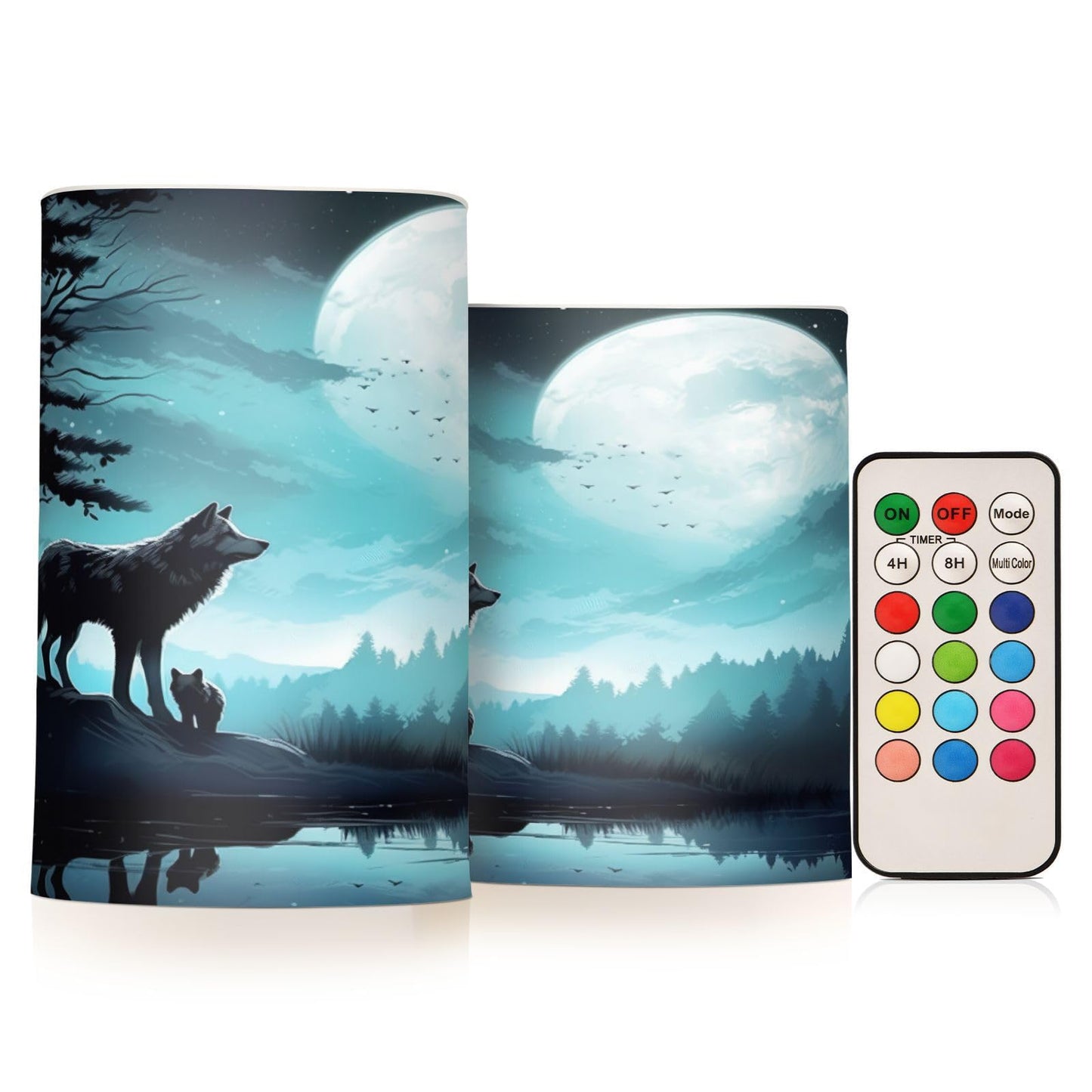 Blueangle Set of 2 Evening Moon Wolf Flameless Candles Battery Operated Flickering Pillar LED Plastics Candle Set with Remote Control Timer for Decorations