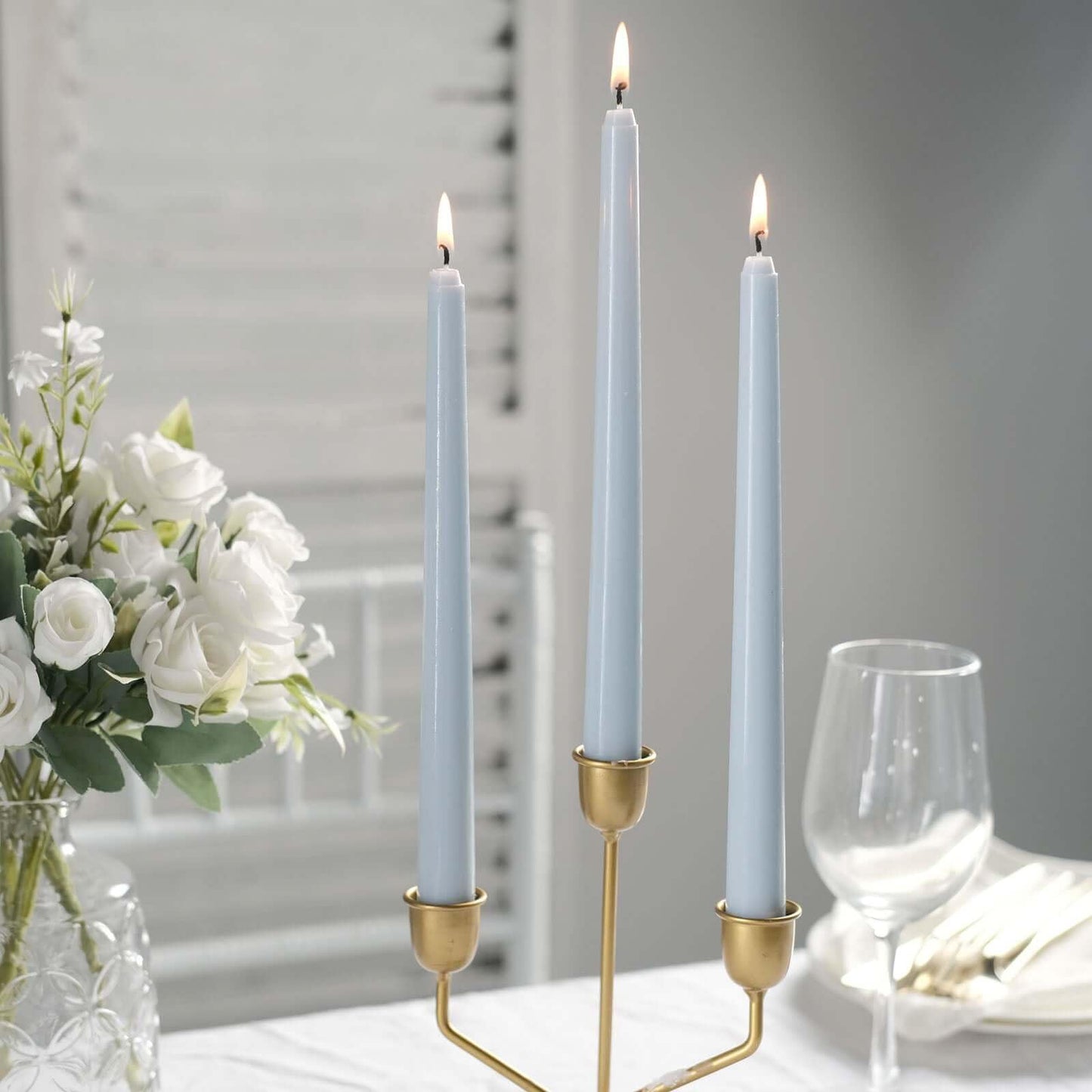 Tableclothsfactory 10" Tall Premium Quality Dripless Unscented Dusty Blue Taper Candles Wedding Dinner Candles for Wedding Decoration Set of 12