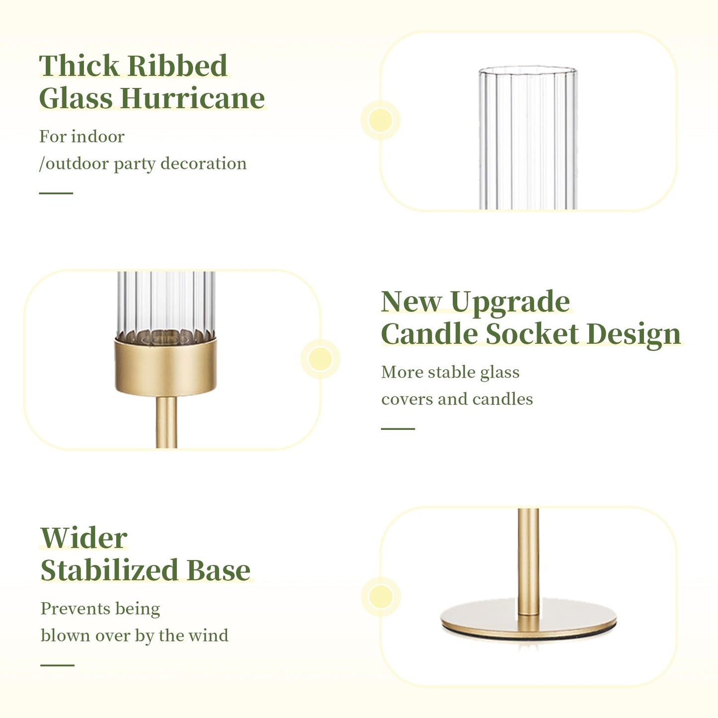 Gold Hurricane Taper Candle Holders: Glasseam 3Pcs Brass Candlestick Holders with Ribbed Glass Cylinder Cover Fluted Tall Candle Sticks Holder Decor for Table Centerpiece Wedding Christmas Decorations