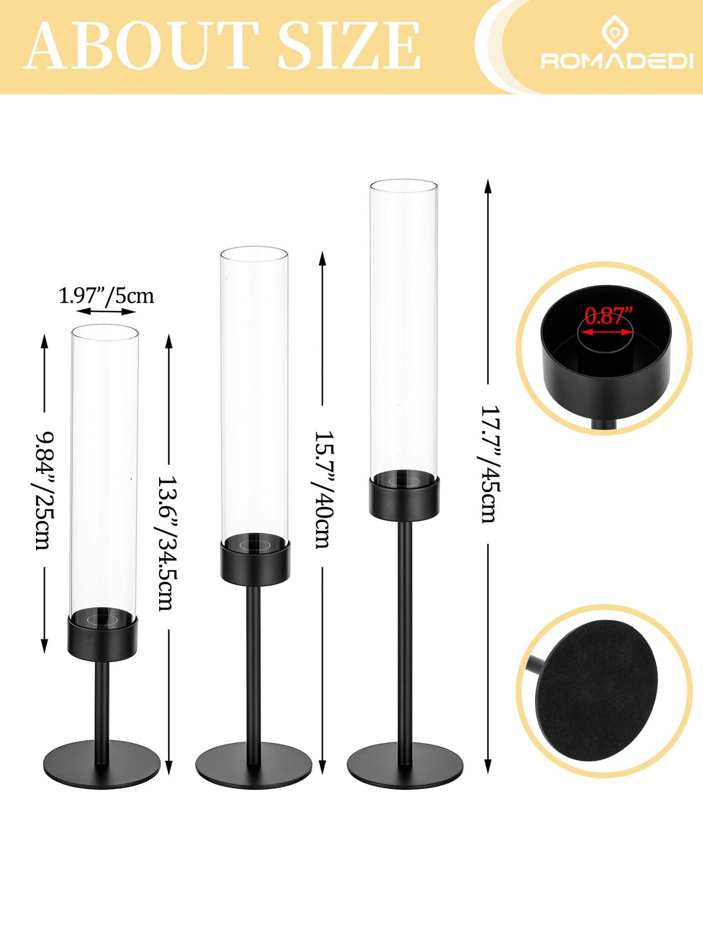 Romadedi Black Candlestick Holders Hurricane - Metal Taper Candle Holder Bulk Tall Windproof Glass Cylinder for Indoor Outdoor Table Centerpiece Christmas Halloween Modern Home Decor Set of 6