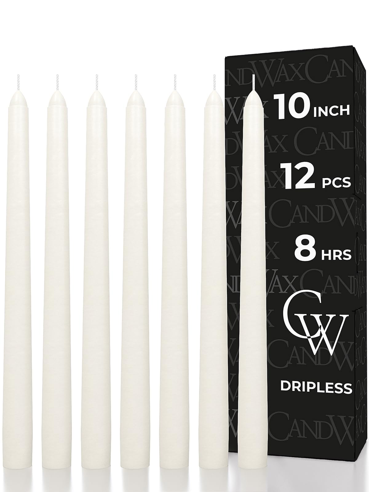 CANDWAX 10 inch Tapered Candles - Set of 12 Pearl Unscented Dripless Candlesticks - Perfect for Dinner - Ivory Candle