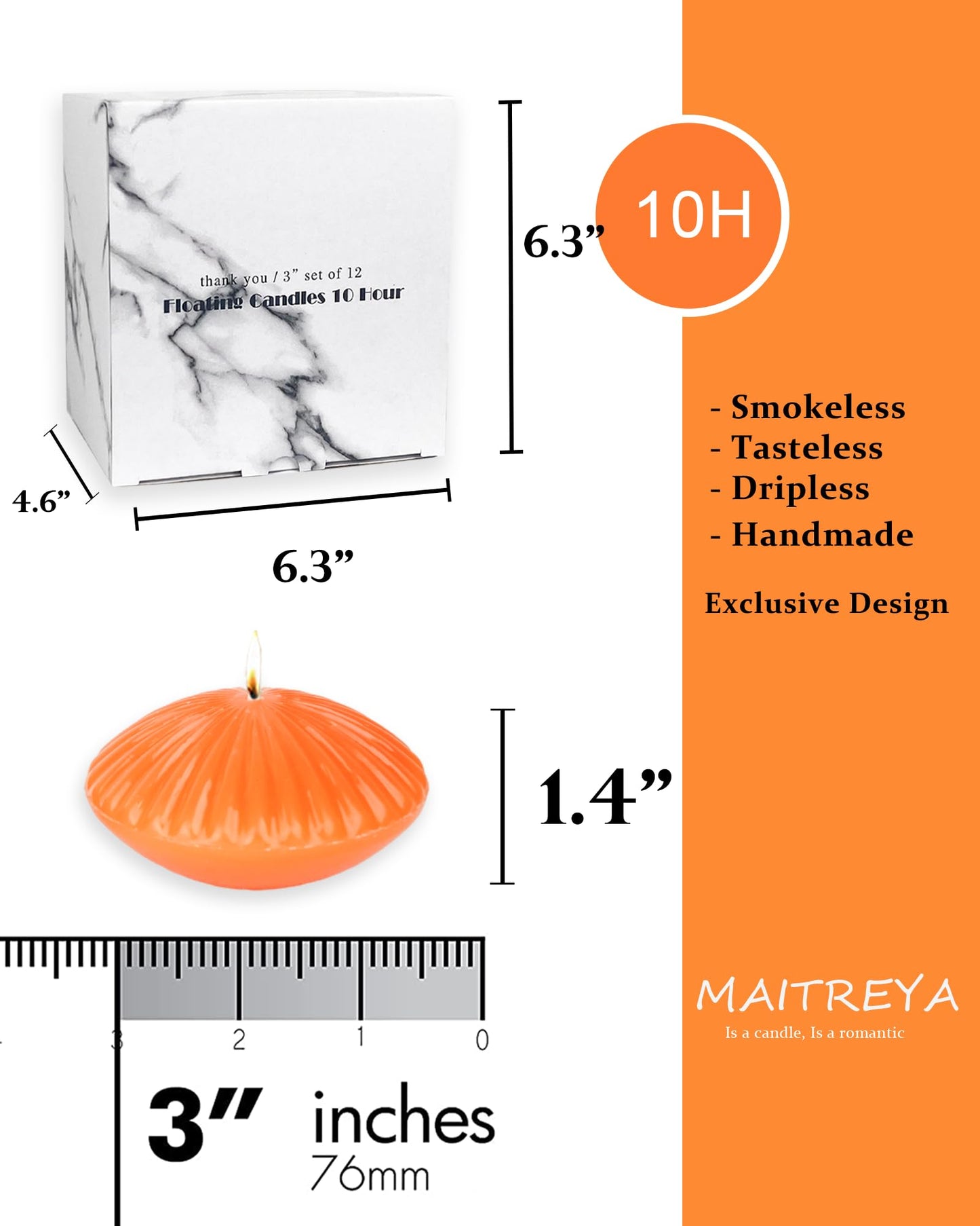 MAITREYA Orange Large Floating Candles 3 Inch,Unscented Classic for Weddings,Parties,Special Occasions and Home Decorations,Set of 12