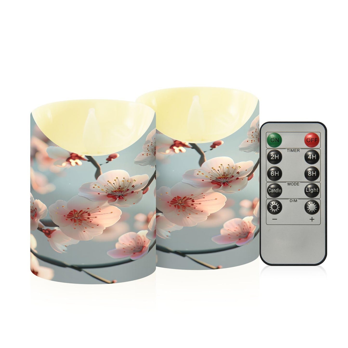 ALAZA Spring Pink White Flower Branches Flickering Flameless Candles Battery Operated with Remote Timer,Tea Light Candles LED Pillar Votive Set of 2 for Outdoor Indoor Decorations 3" x5.9"