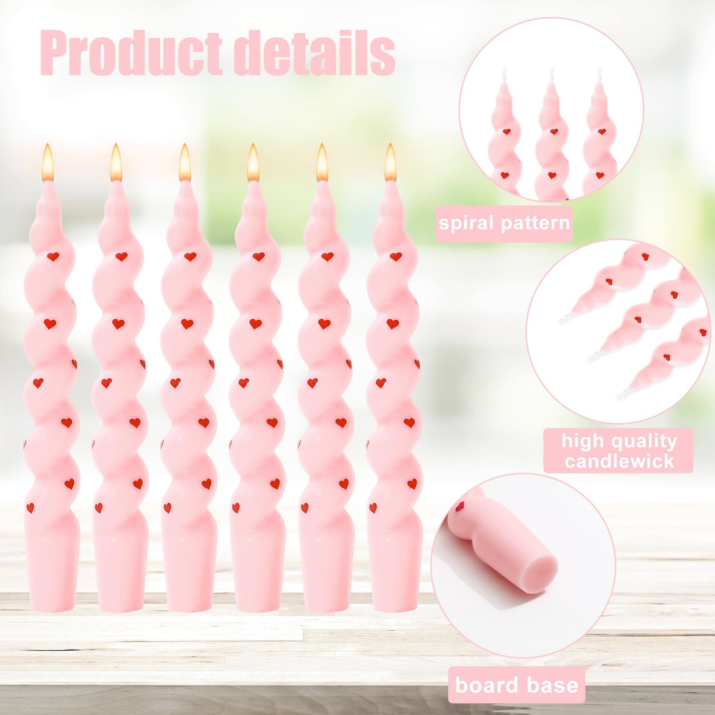 JarThenaAMCS 6Pcs Valentine's Day Spiral Taper Candles 7 Inch Red Pink Heart Decorative Candles Unscented Dripless Twisted Candlesticks for Birthday Wedding Anniversary Party Home Table Decor