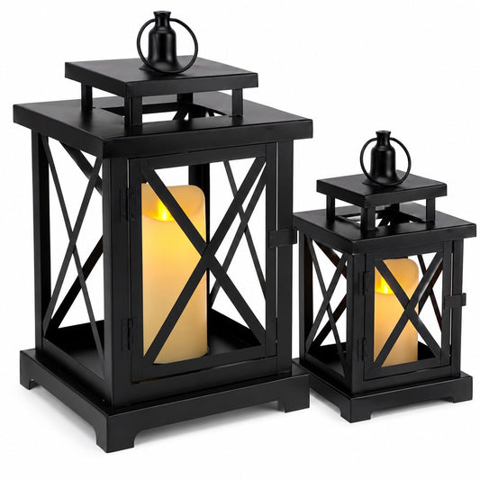 JHY DESIGN 2-Pack Vintage Metal Decorative Lantern 12.5"/9" H Hanging Lantern with Flickering LED Pillar Candles for Garden Living Room Indoor Outdoor Parties Weddings Balcony(Black)