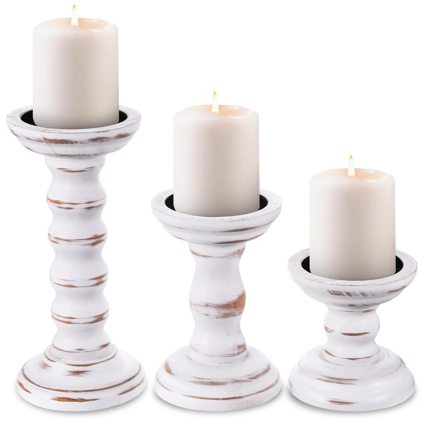 Rustic Candles Holder Set of 3 Farmhouse Wood Candle Holders Rustic Wooden Candle Stand Decorative Wood Candlestick Holdersfor Living Room, Table Centerpiece Dining Fireplace(White)