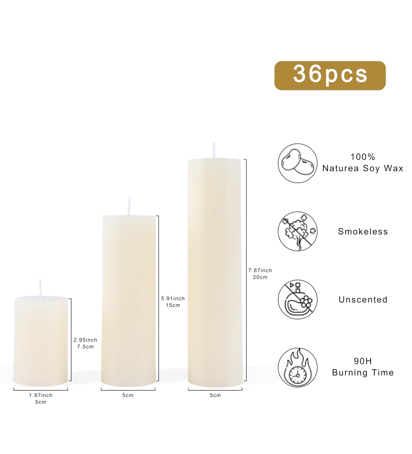 EAKE 36 Pcs Pillar Candles, Unscented Ivory White Pillar Candles, Smokeless Long Burning Wax Candles for Wedding Centerpieces, Valentines Day, Fireplace, Special Occasion, 2 in by 3, 5.9, 7.8IN