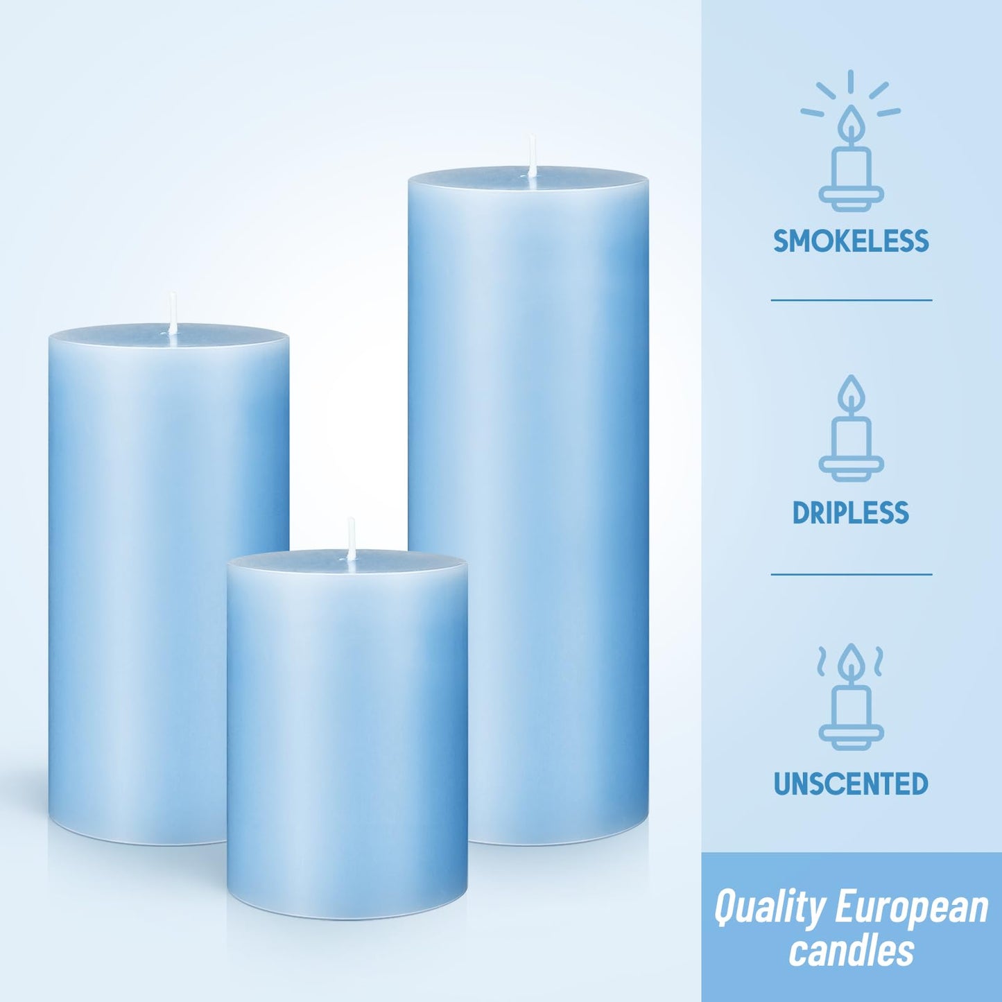 Sumind Set of 12 Pillar Candles Bulk 3"x 4", 6", 8" Dripless Unscented Poured Candles Long Clean Burning Tapers for Wedding Rustic Party Spa Bath Home Decor Relaxation All Occasions(Blue)