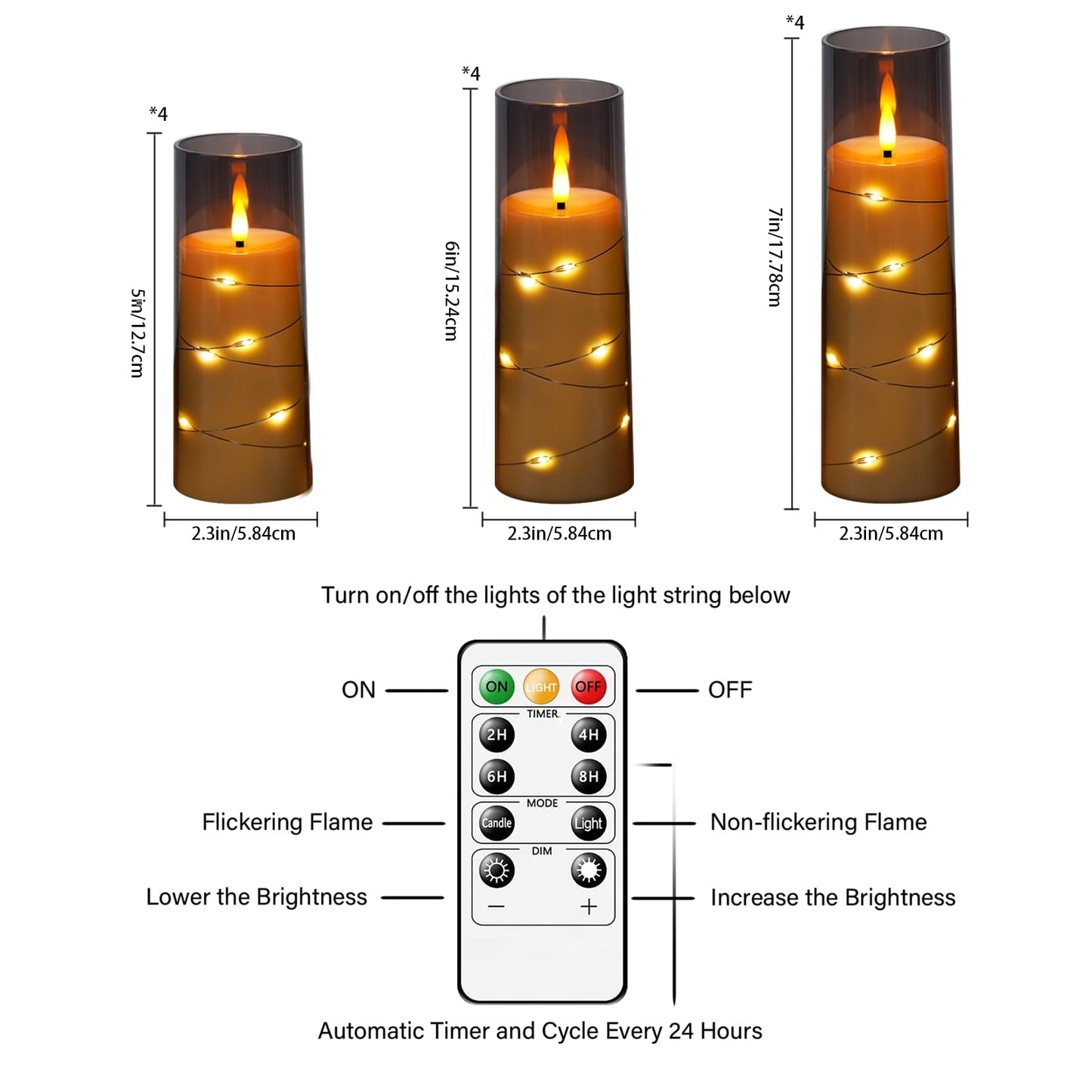 Sasigeiaa Flameless Candles with Embedded Star String - Battery Operated LED Candles, with Remote,12 Grey Flickering Candles for Christmas, Weddings, Home Decor & Party,(D 2.3"×H 5" 6" 7")