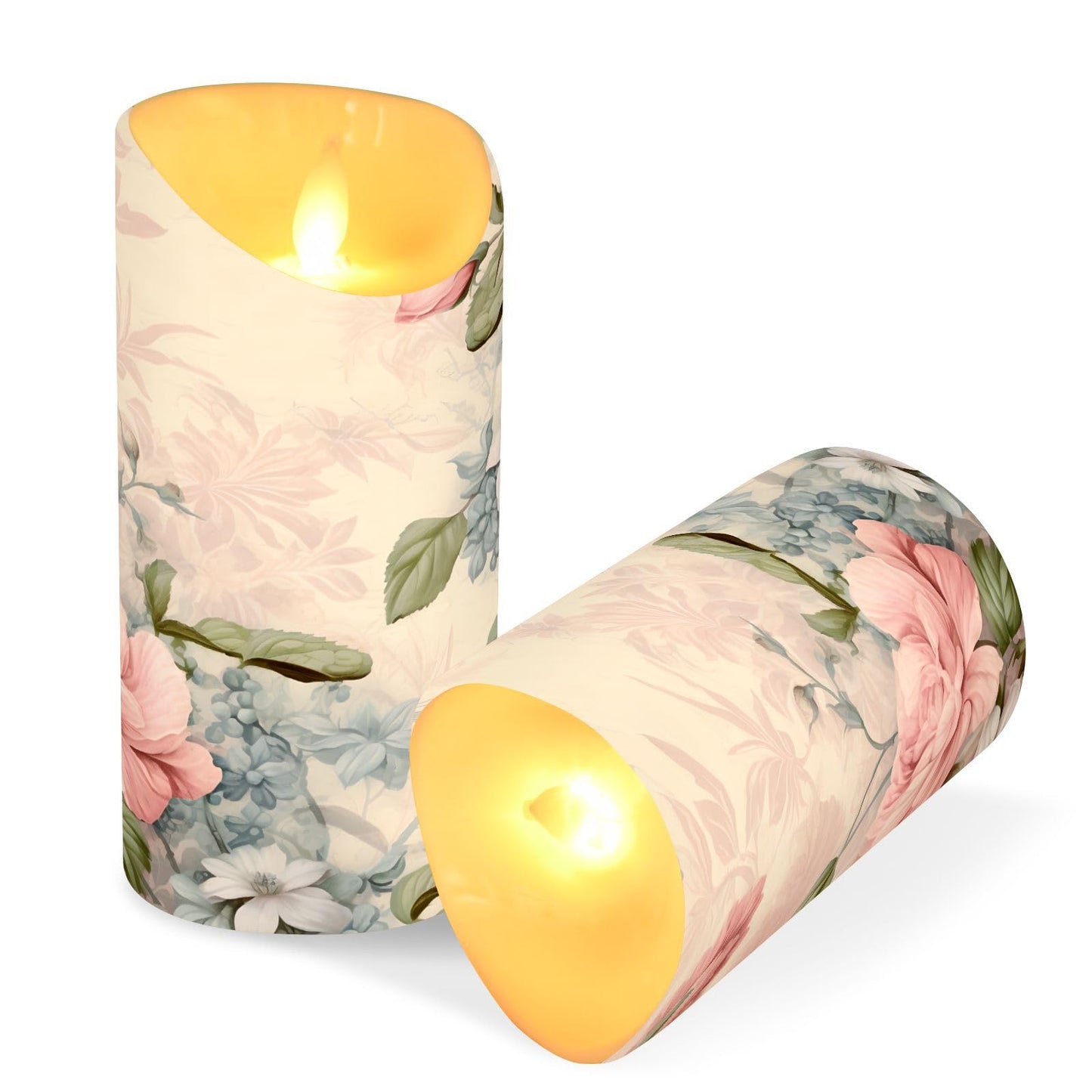 ALAZA Pink Flowers Flora Flickering Flameless Candles Battery Operated with Remote Timer,Tea Light Candles LED Pillar Votive Set of 2 for Outdoor Indoor Decorations 3" x5.9"