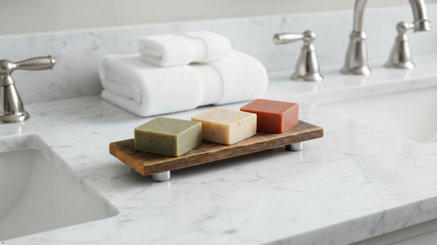Rustic Revival | Barnwood Soap Tray Wood Counter Top Riser Pedestal Rustic Reclaimed Wood Soap Stand for Kitchen, Bathroom, Soaps, Essential Oils, Incense, and More! (3.5x10 inch Tray)