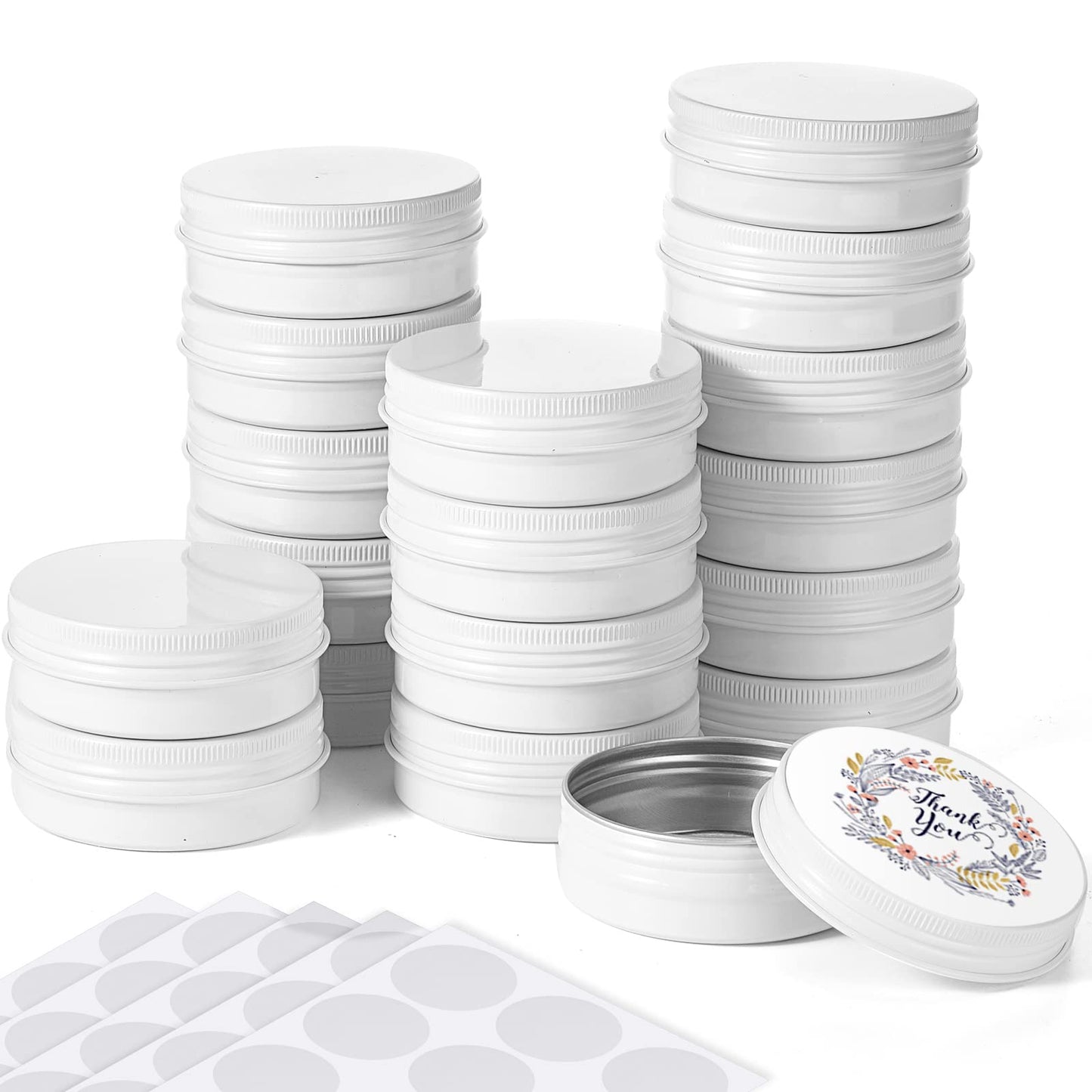 Patelai 2 oz White Metal Round Tins Aluminum Tin Cans Salve Tins Containers with Screw Lid 10 Sheets Stickers for Salve Spice Candies Balms Candles, 36 Pack (Classic Style)