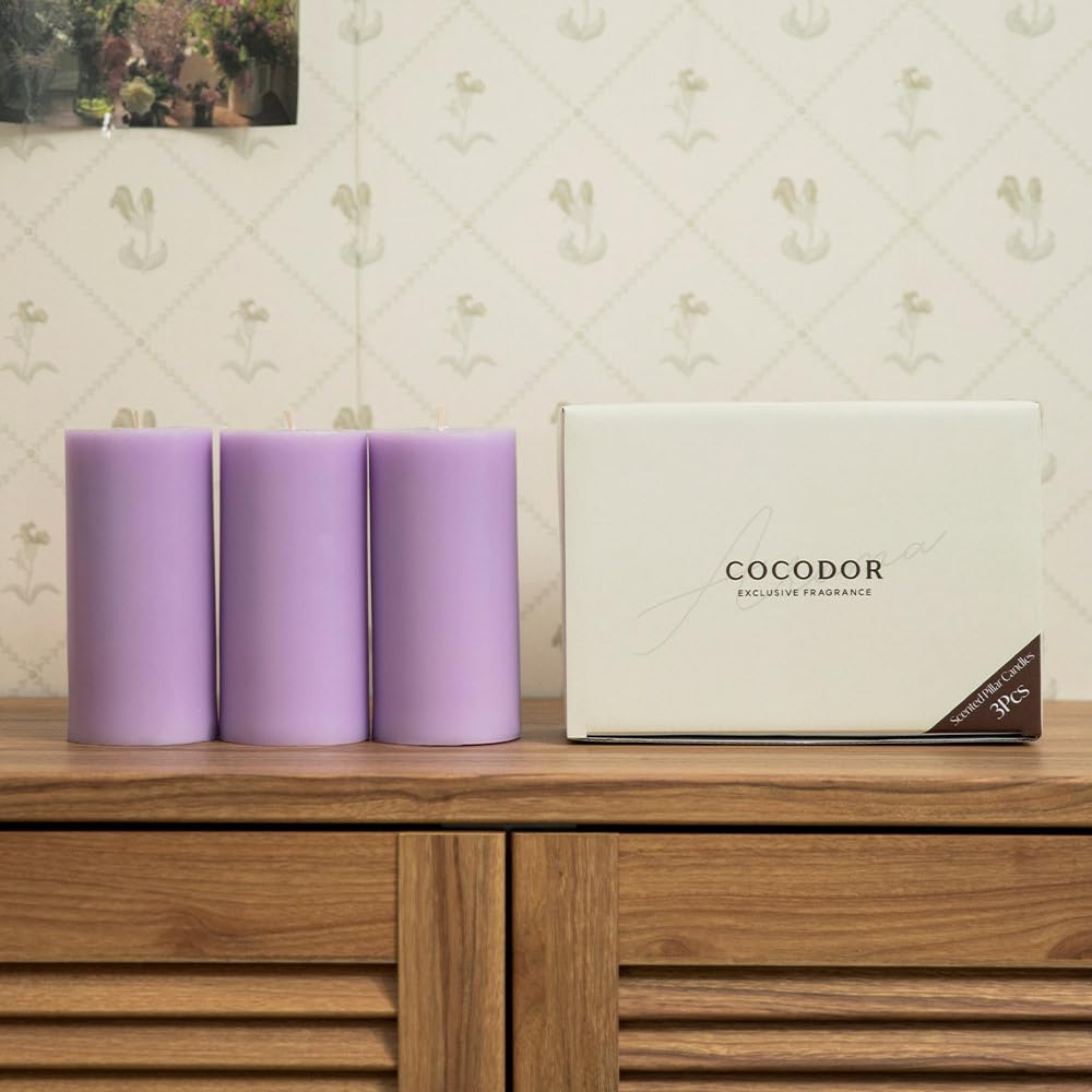 COCODOR Scented Pillar Candles, 3x6 Inch, French Lavender, Candle Set of 3, Long Buring 85 Hours, Candles for Weddings, Party, Dinner, Home Decor.