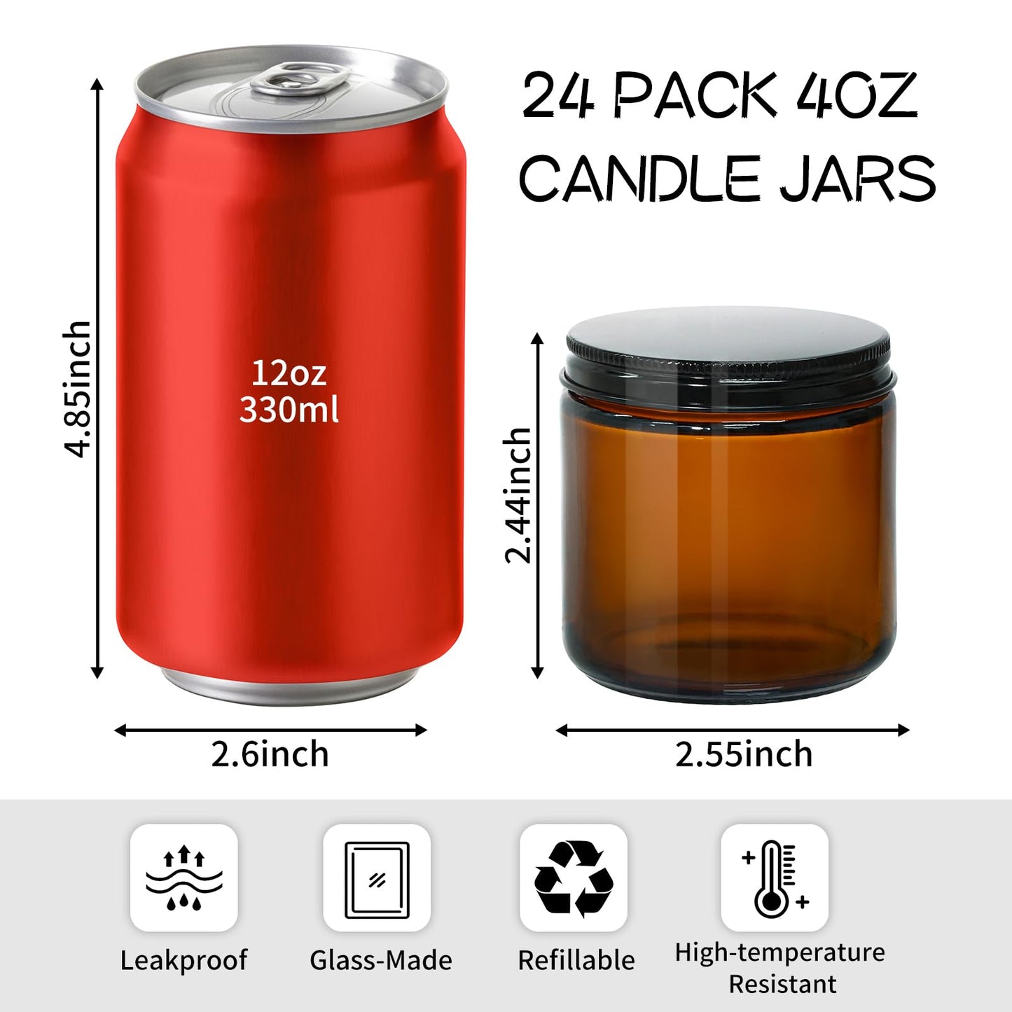 KEYWING 4 oz Candle Jars with Lids, 24 PCS Amber Glass Jars with Black Metal Lids, Round Candle Containers, Empty Jar for Candles Making, Powder, Liquid, Cream