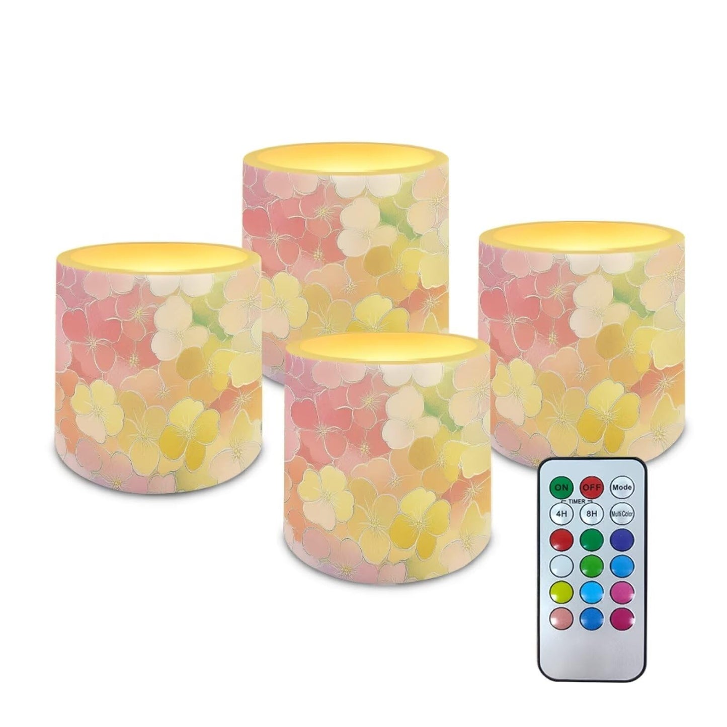 Cozeyat Colorful Floral Flameless Candles 4 Pack Battery Operated with Remote Control Timer LED Pillar Candles Waterproof for Home Patio Beach Garden