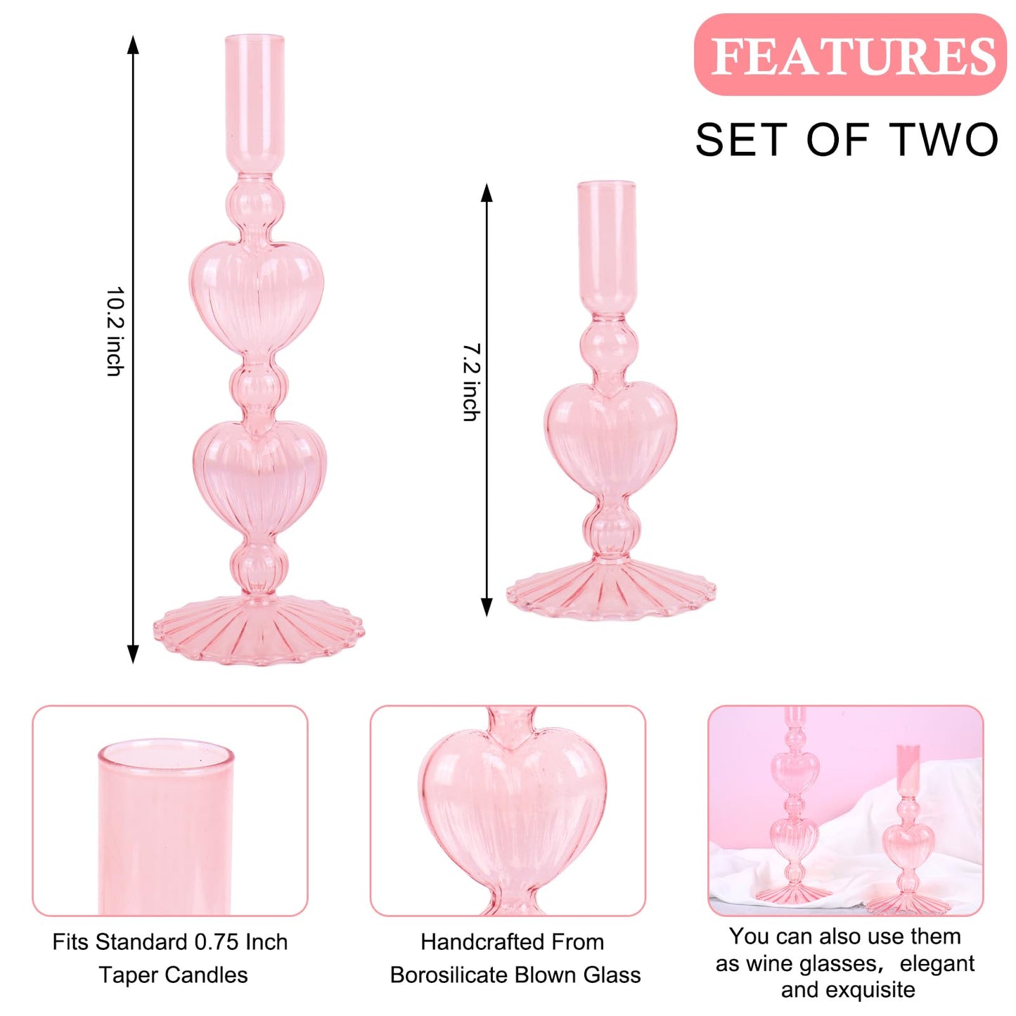 JarThenaAMCS 2Pcs Valentine's Day Glass Candlestick Holders Pink Heart Glass Taper Candle Holder Valentines Heart Candle Stick Vase Decor for Galentine's Day Wedding Festival Party Table Centerpiece