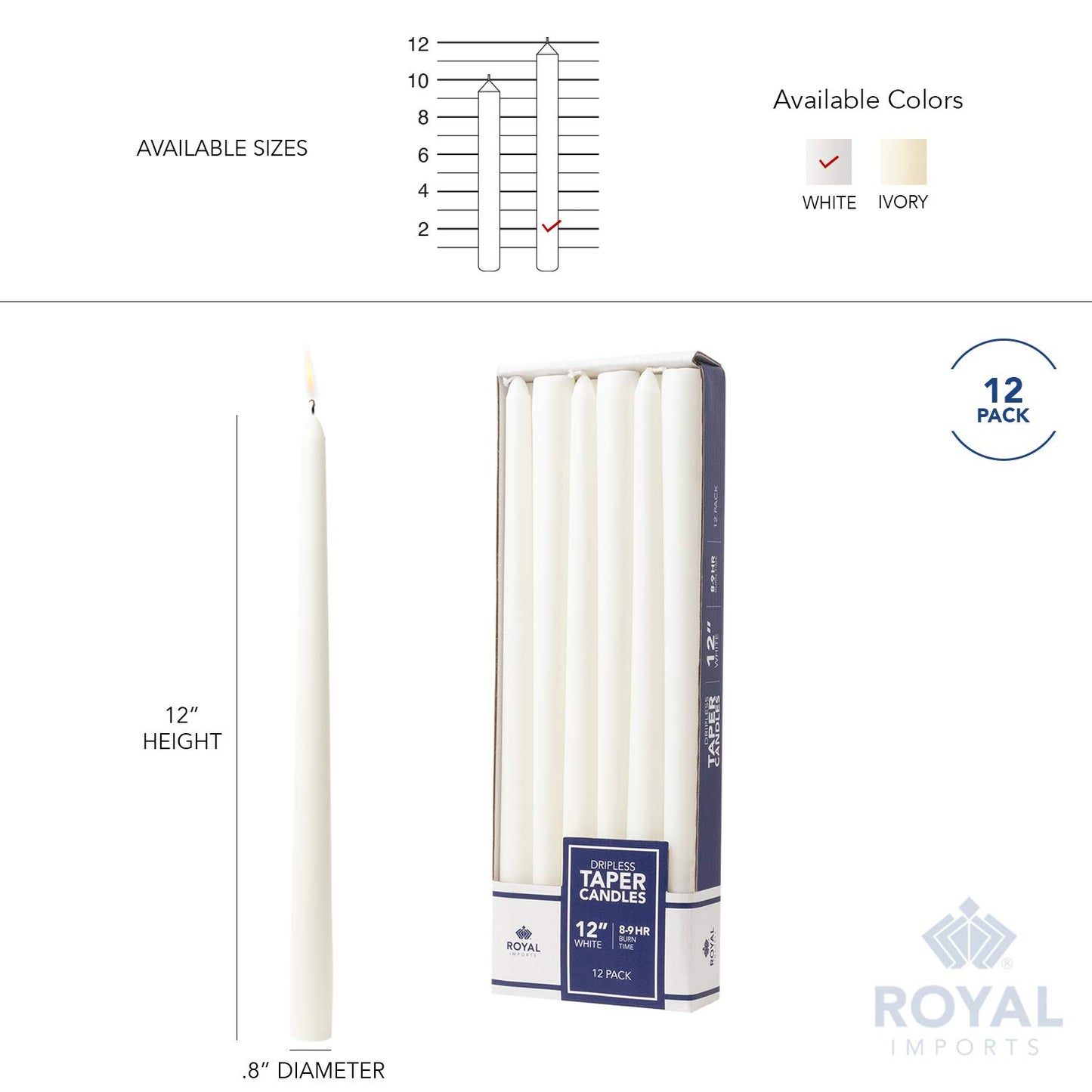 Royal Imports Unscented Taper Candles, Elegant Premium Quality, Dripless & Smokeless, Hand-Dipped Dinner Candles for Wedding, Holiday, Home Decor - 9 Hour Burn Time - Set of 12 (12 Inch, White)