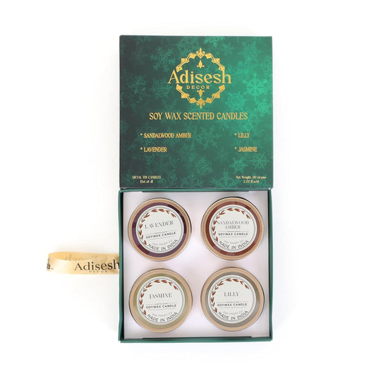 Adisesh Decor Metal Tin Soy Wax Scented Candles Gift Set - 4 Aromatic Flavors (Sandalwood Amber, Lavender, Lily, Jasmine) | Scented Candles for Home Decoration, Burn Time 14-15 Hrs Each