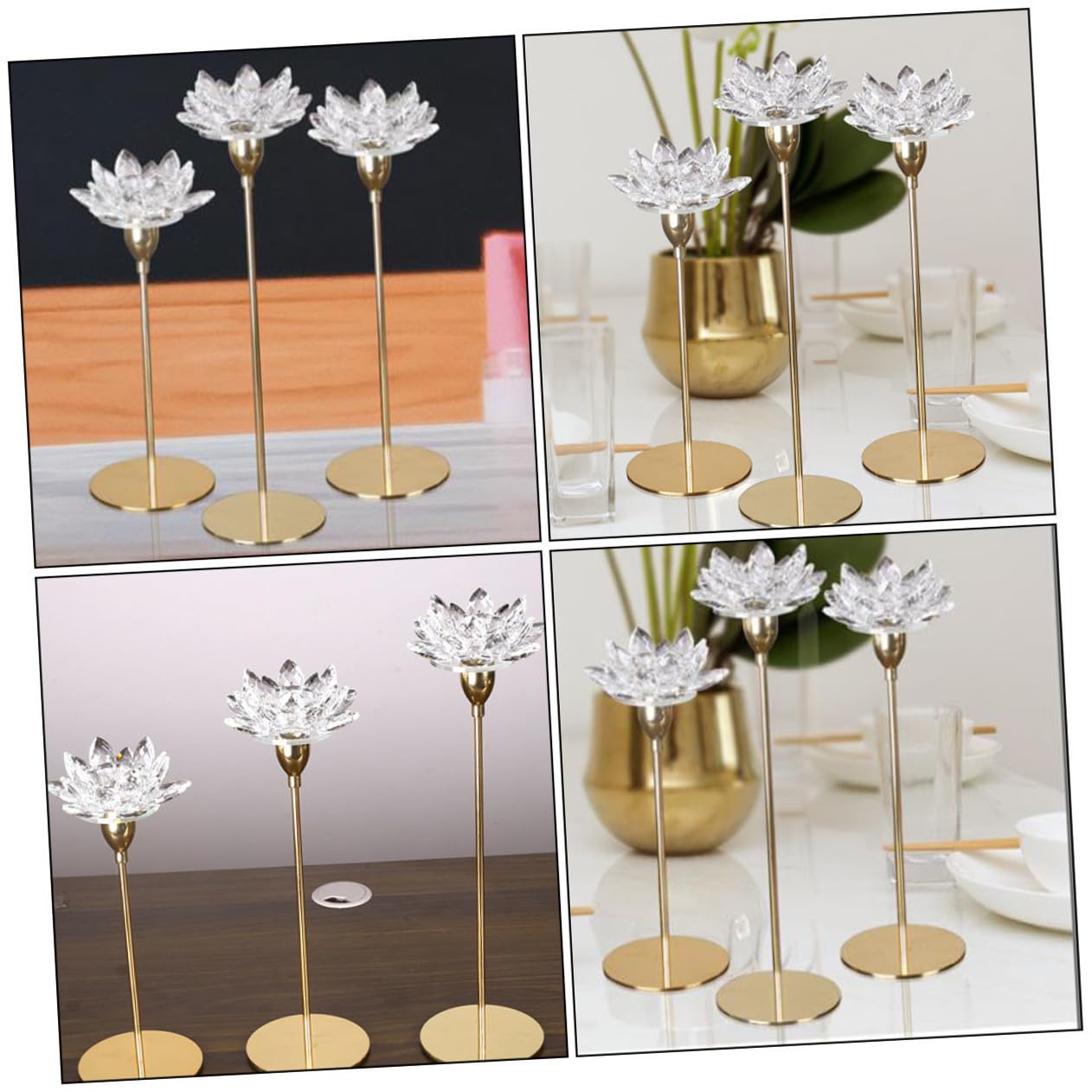 JEWEDECO Crystal Lotus Candle Stand Small Simple Metal Candlestick Decorative Candleholder for Wedding and Dining Room Candlelight Dinner Table Centerpiece